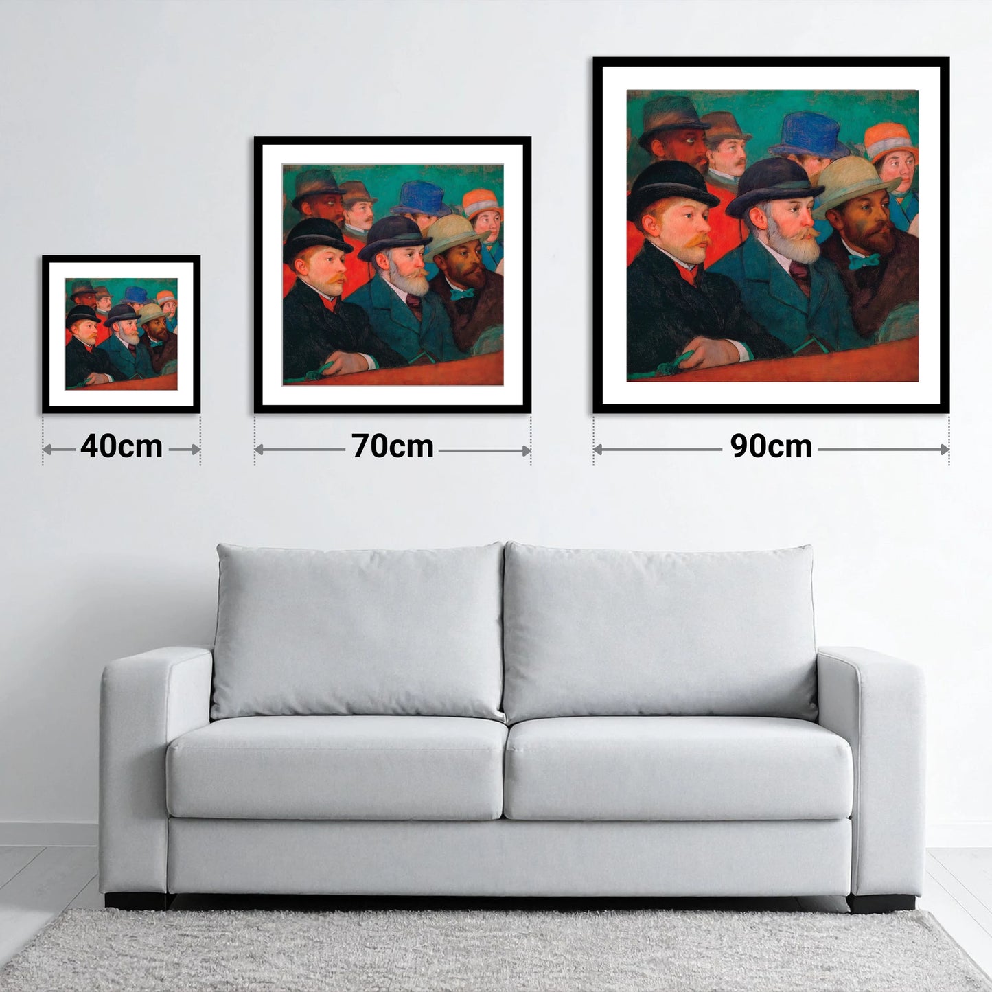 The Racing Crowd - size guide showing 40cm, 70cm and 90cm art prints