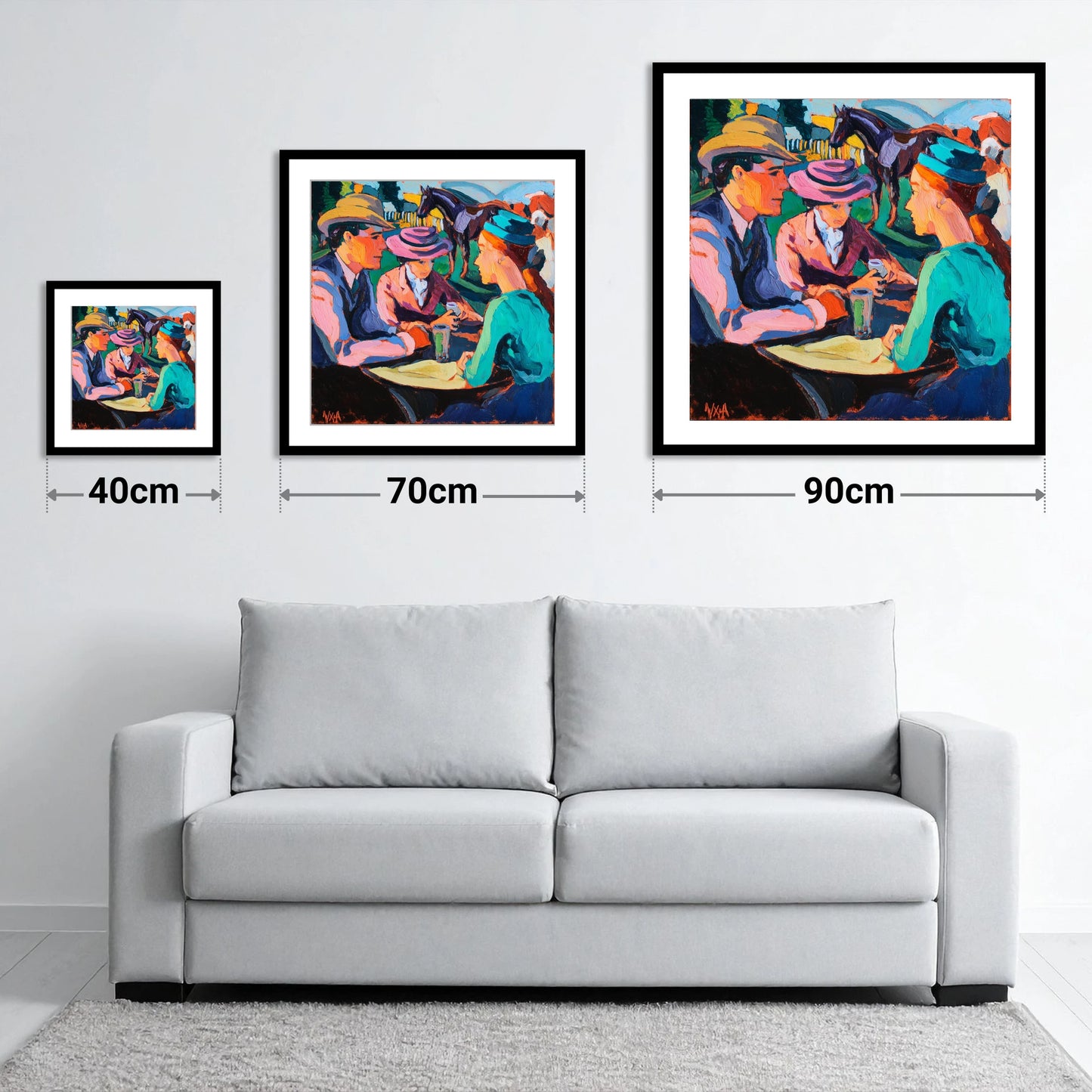Paddock Society - size guide showing 40cm, 70cm and 90cm art prints