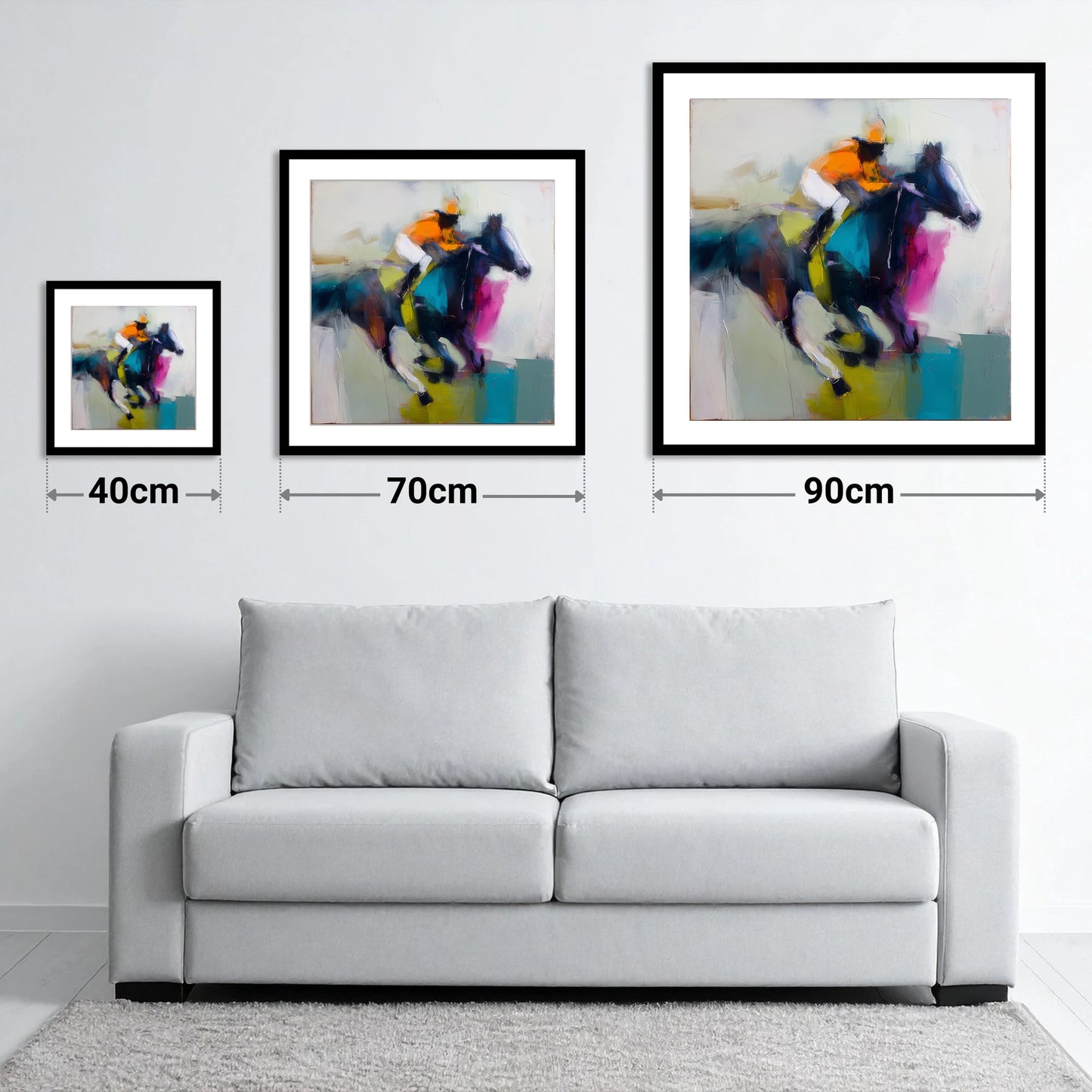 Burst of Speed - size guide showing 40cm, 70cm and 90cm art prints
