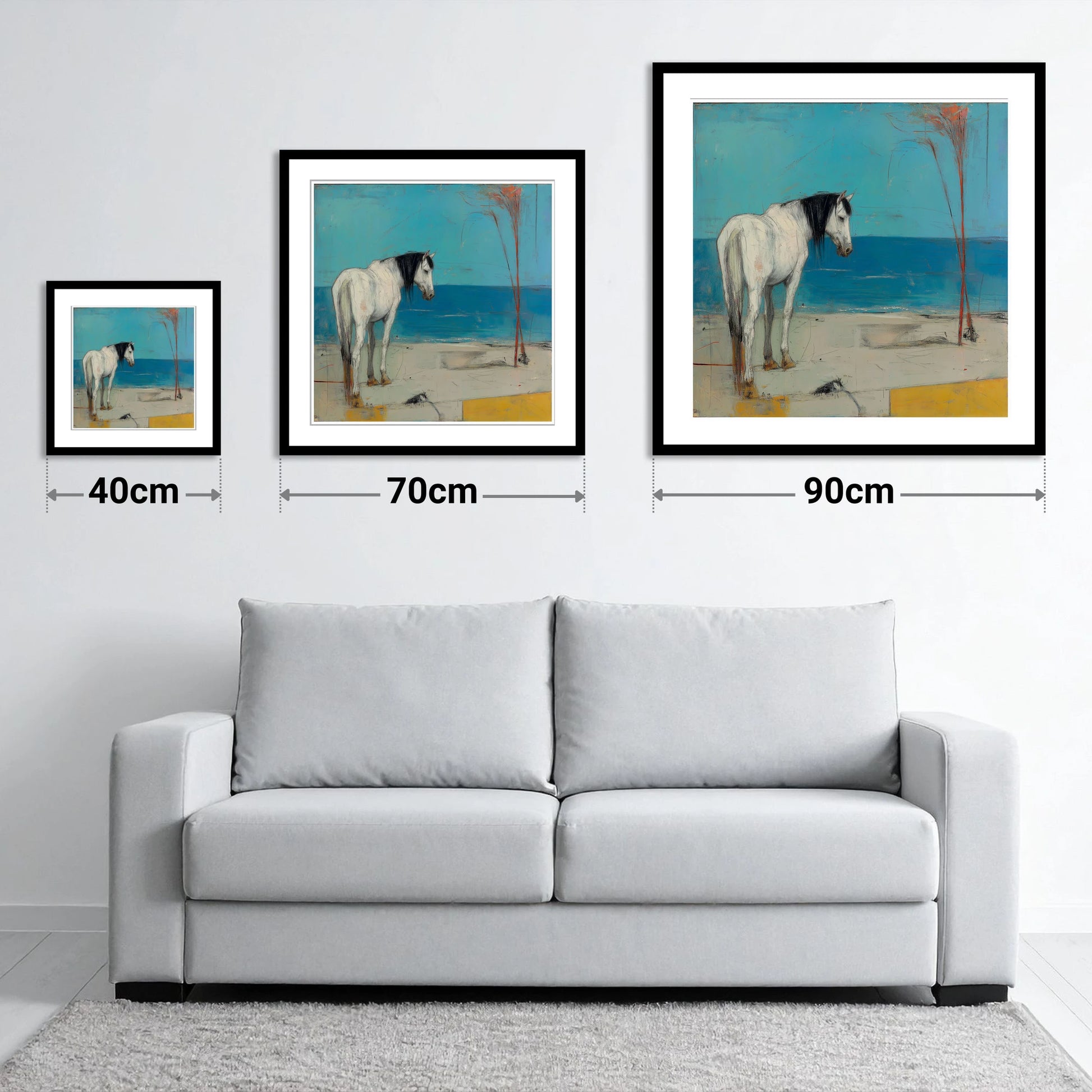 Coastal Solitude - size guide showing 40cm, 70cm and 90cm art prints