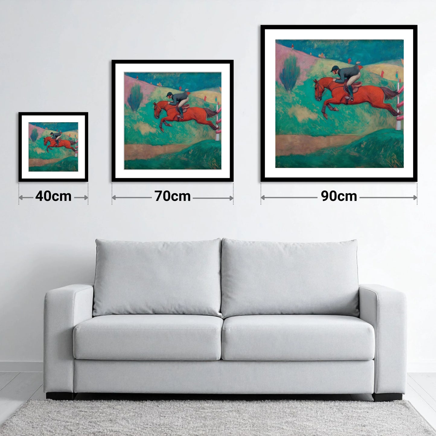Flight Over Emerald Hills - size guide showing 40cm, 70cm and 90cm art prints