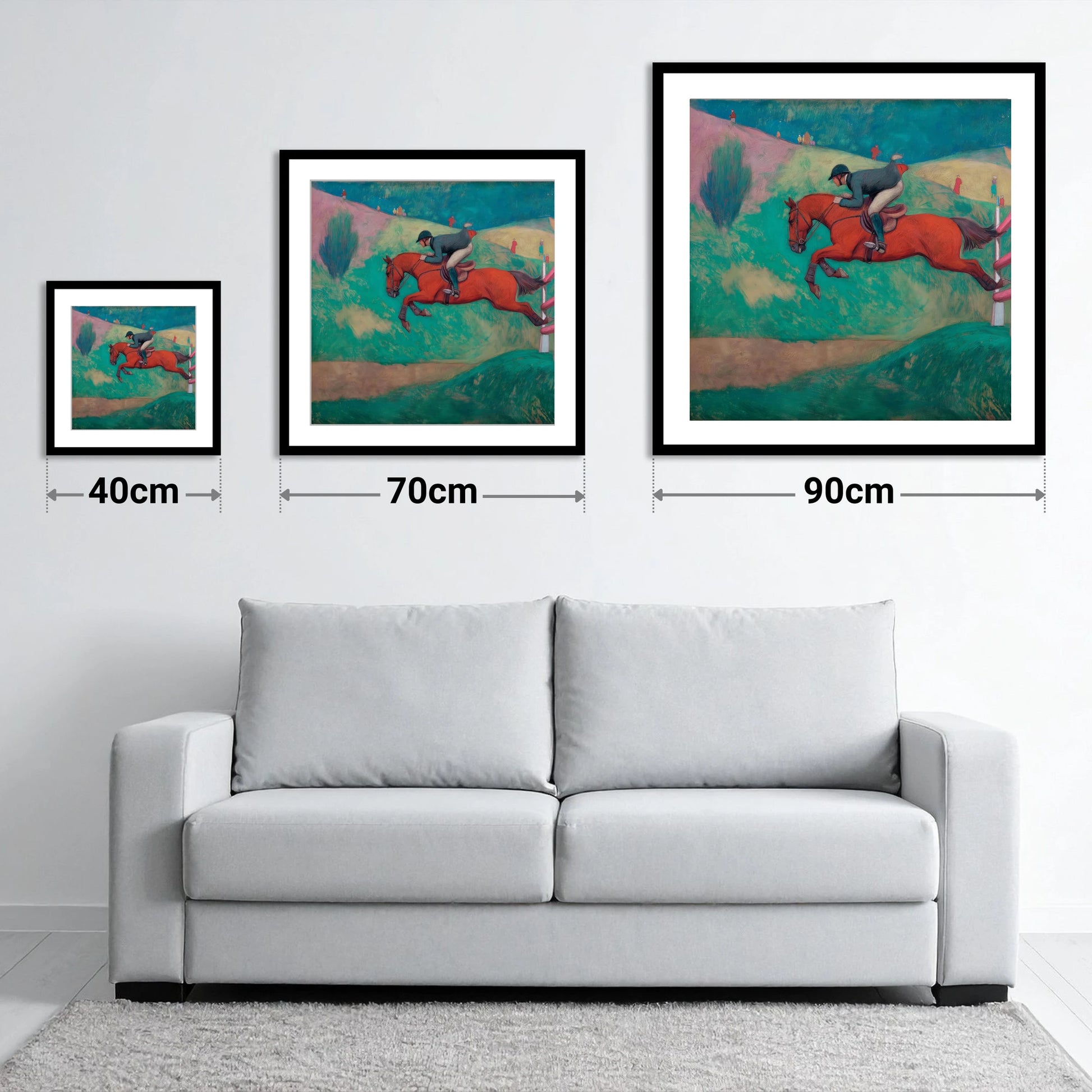 Flight Over Emerald Hills - size guide showing 40cm, 70cm and 90cm art prints