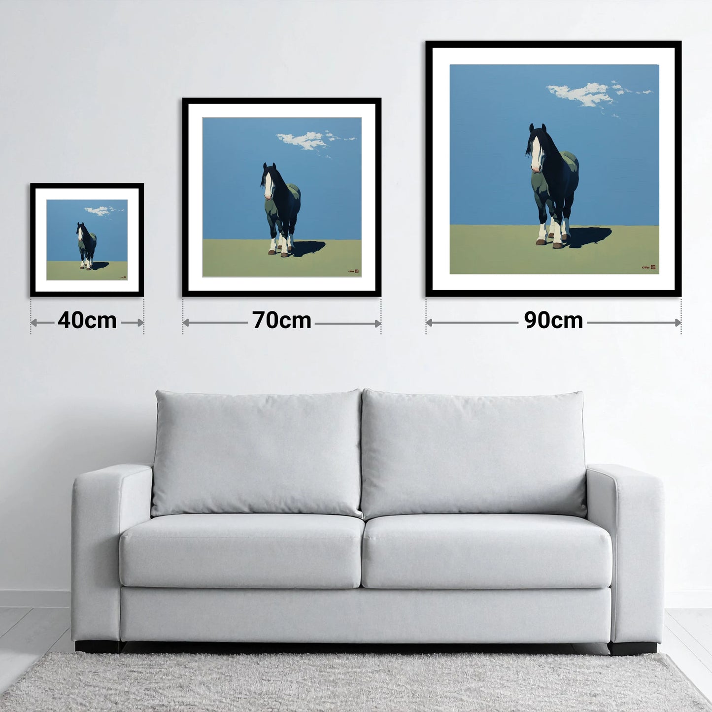 Cerulean and Shadow - size guide showing 40cm, 70cm and 90cm art prints