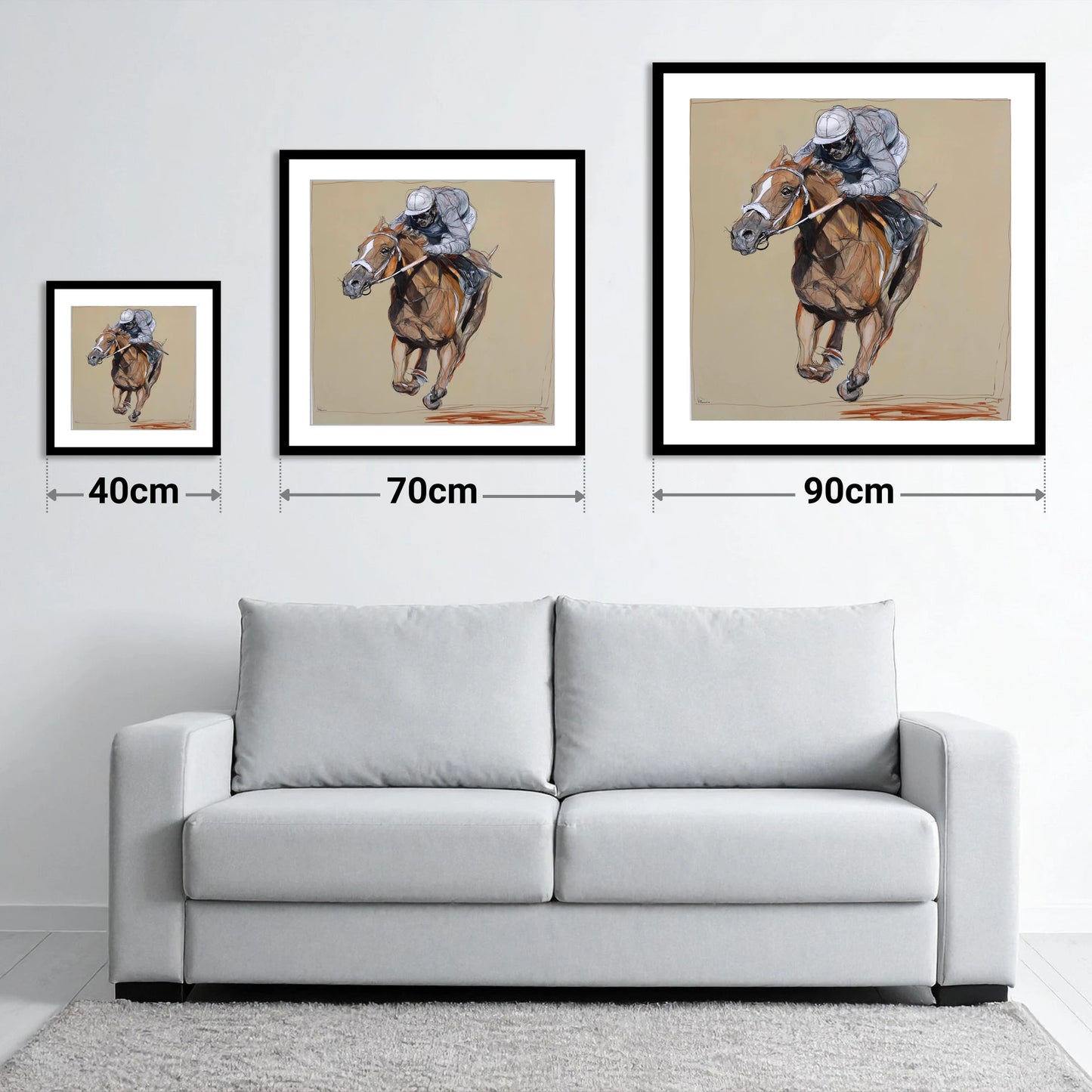 Driving Finish - size guide showing 40cm, 70cm and 90cm art prints