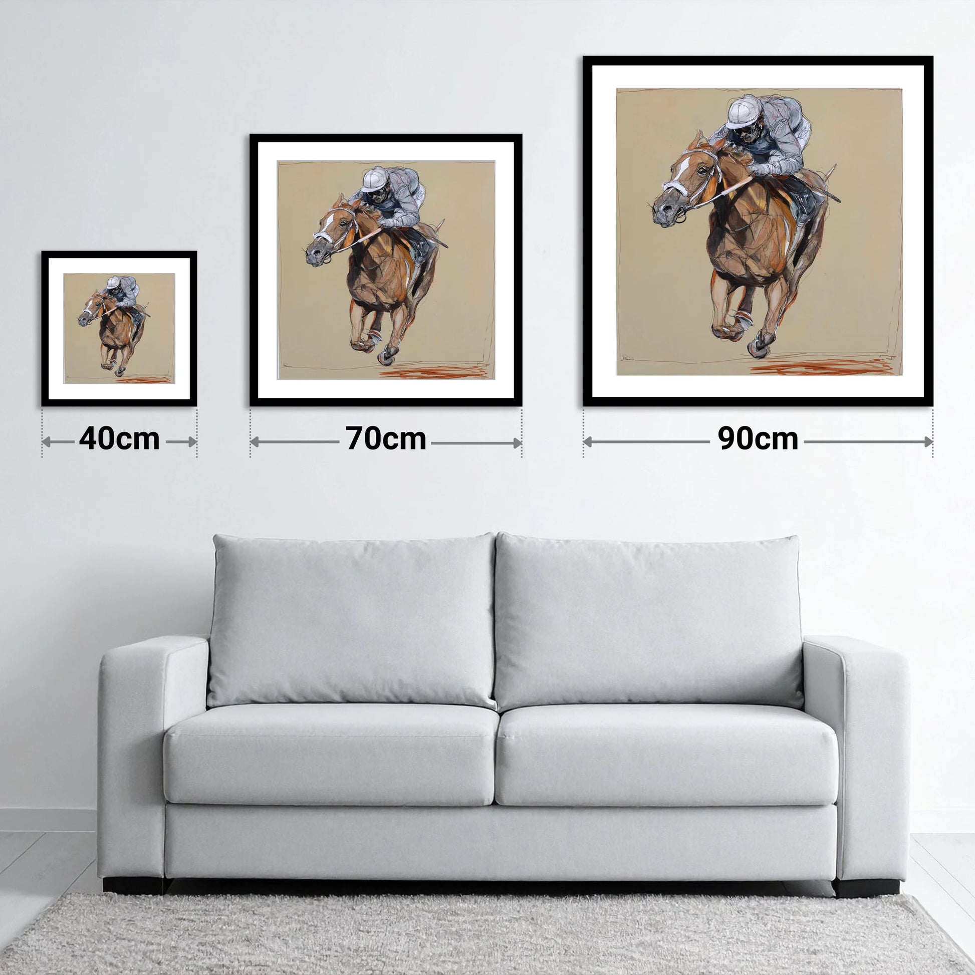 Driving Finish - size guide showing 40cm, 70cm and 90cm art prints