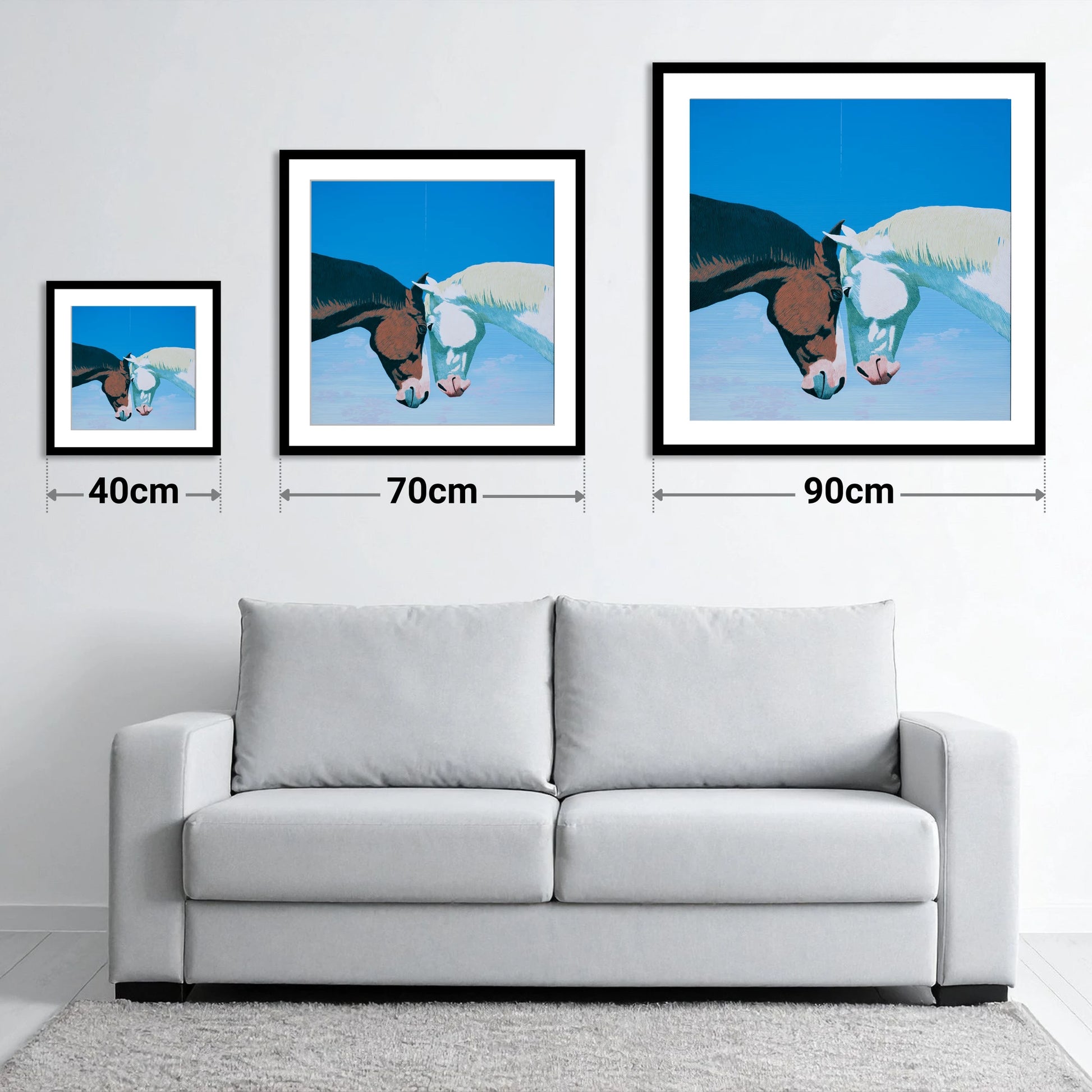 Quiet Companionship - size guide showing 40cm, 70cm and 90cm art prints