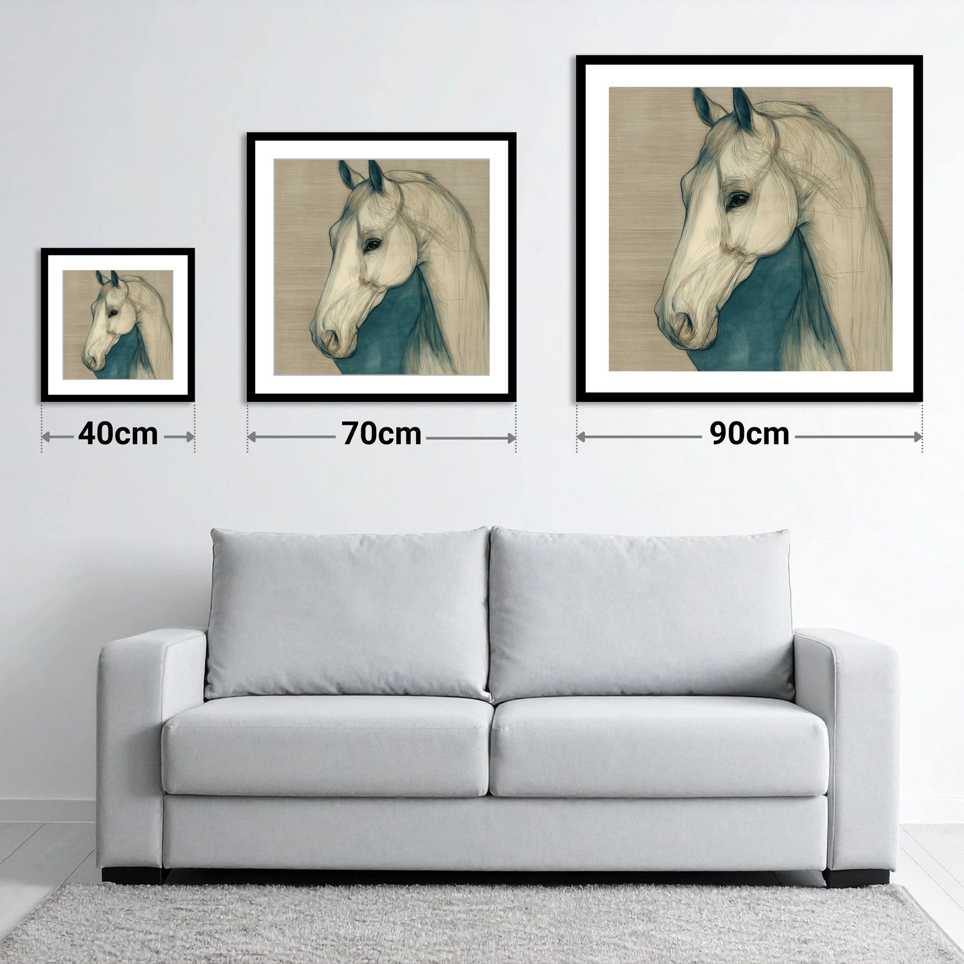 Serene Profile Sketch - size guide showing 40cm, 70cm and 90cm art prints