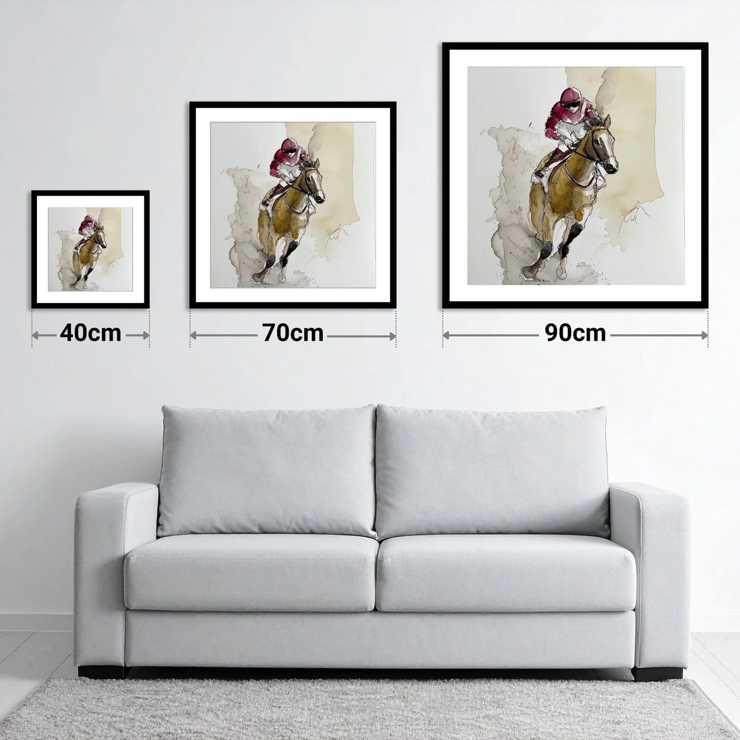 The Final Furlong - size guide showing 40cm, 70cm and 90cm art prints