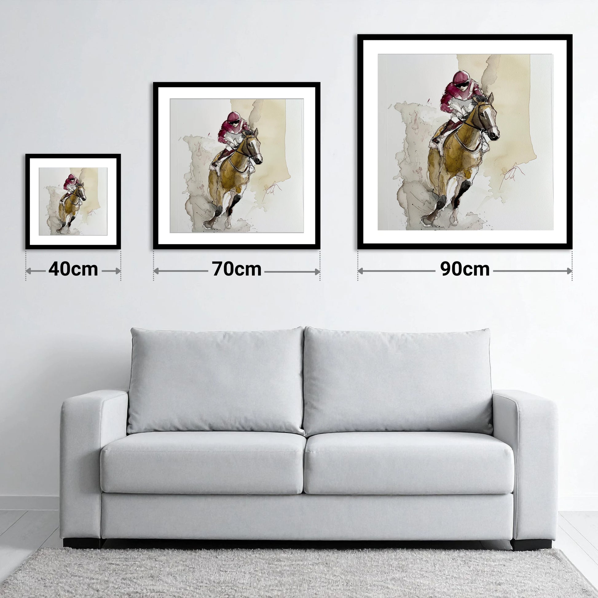 The Final Furlong - size guide showing 40cm, 70cm and 90cm art prints