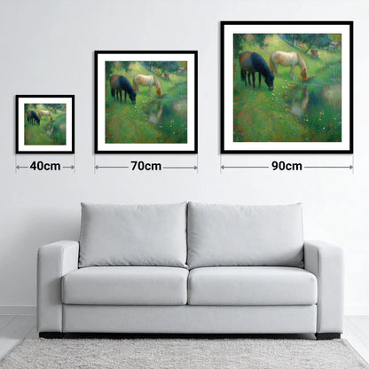 Tranquil Water Meadow - size guide showing 40cm, 70cm and 90cm art prints