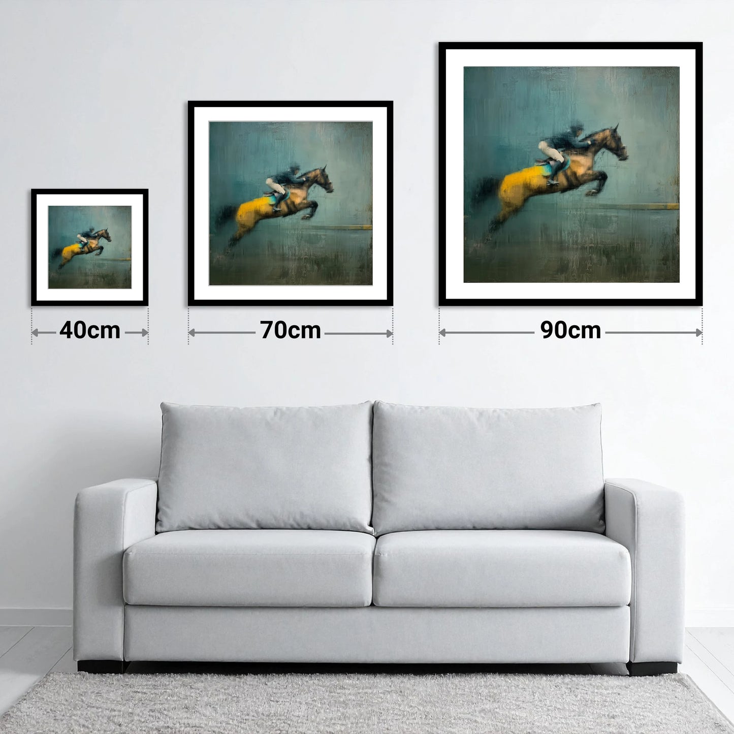 Suspended Energy - size guide showing 40cm, 70cm and 90cm art prints