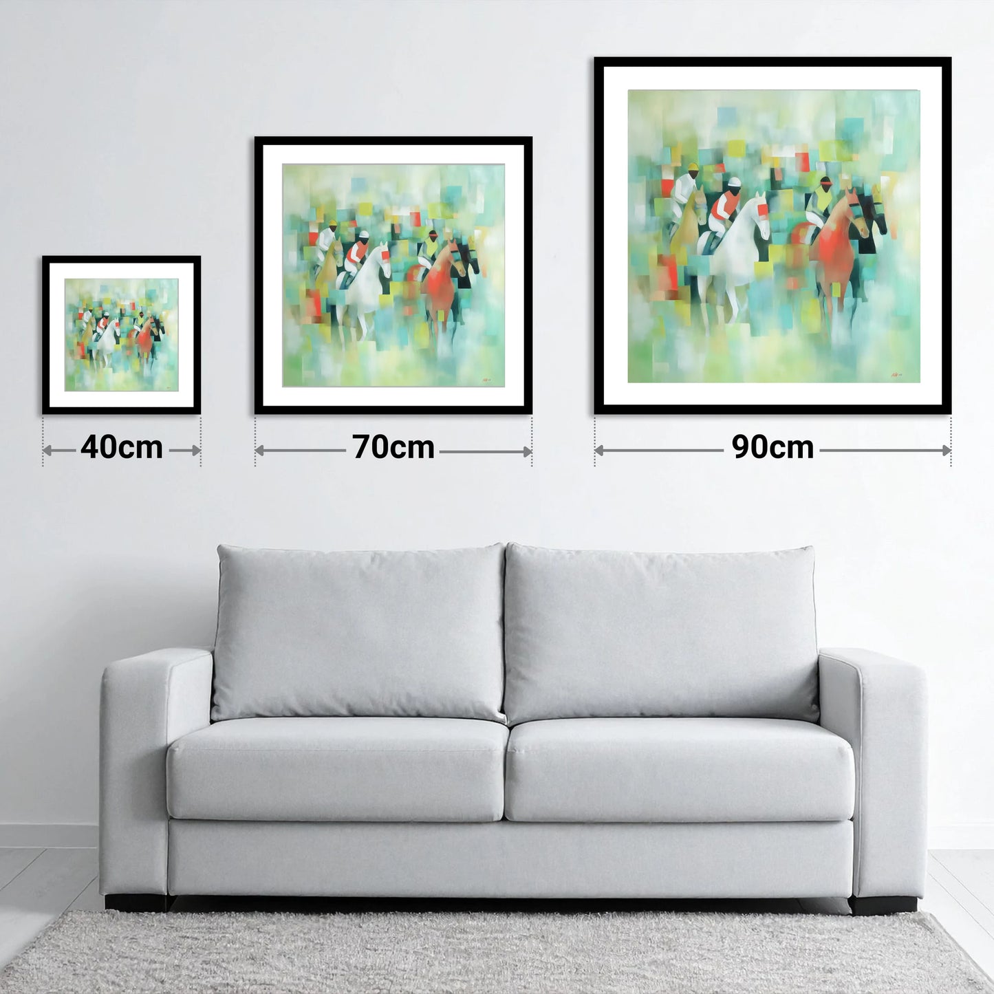 Prismatic Racing Silks - size guide showing 40cm, 70cm and 90cm art prints