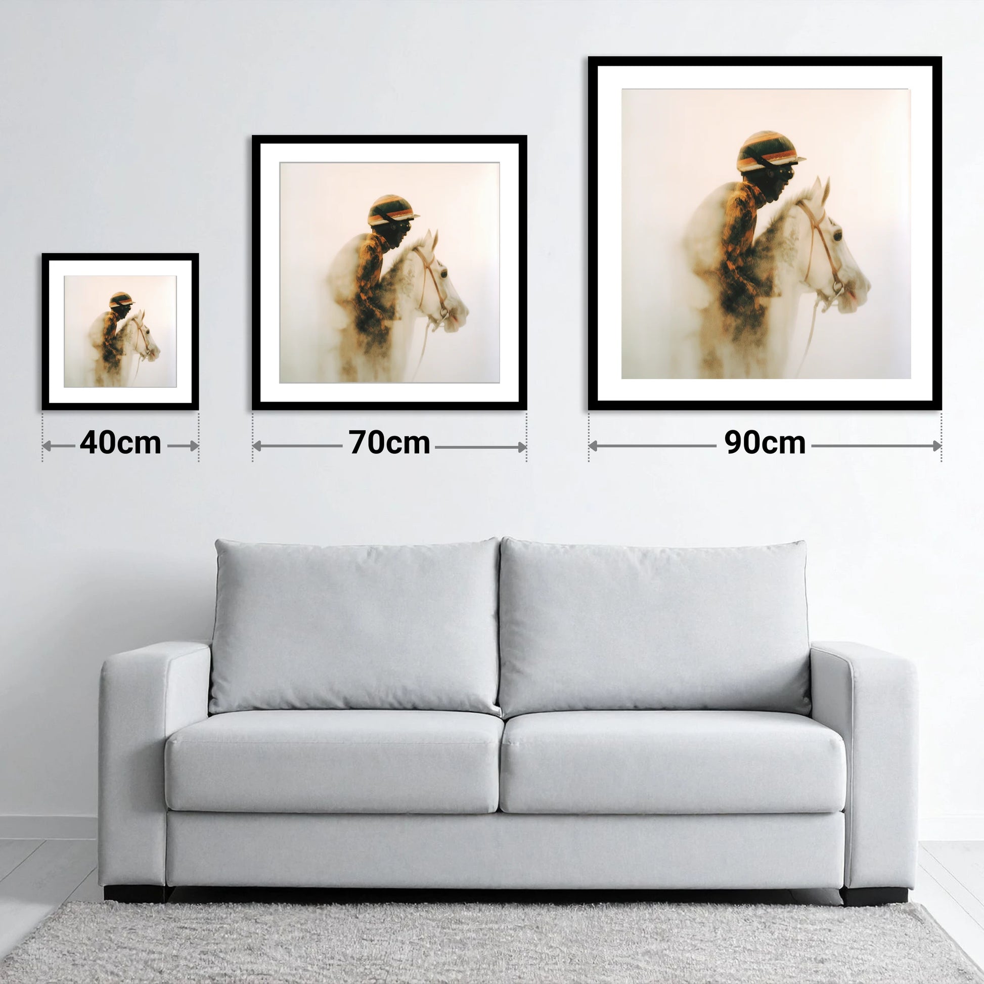 Echoes of the Track - size guide showing 40cm, 70cm and 90cm art prints