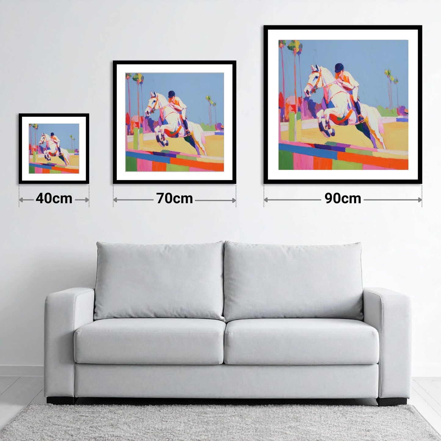 Technicolour Takeoff - size guide showing 40cm, 70cm and 90cm art prints