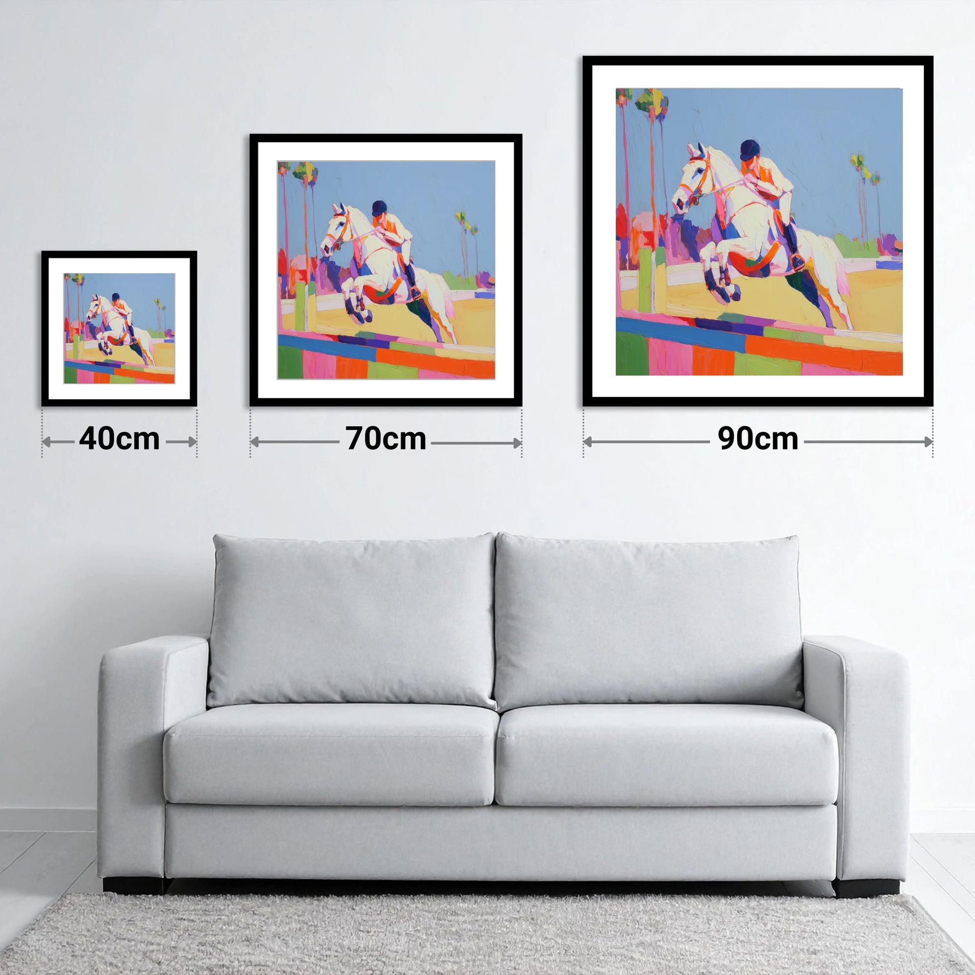 Technicolour Takeoff - size guide showing 40cm, 70cm and 90cm art prints