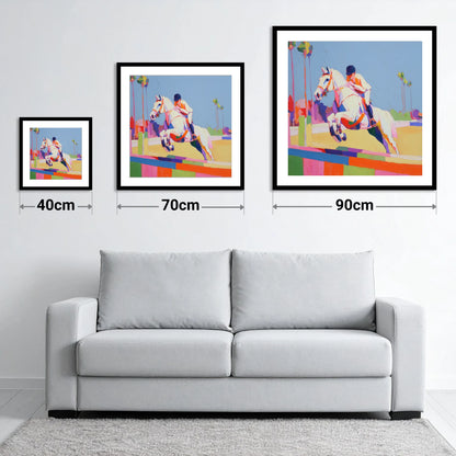 Technicolour Takeoff - size guide showing 40cm, 70cm and 90cm art prints