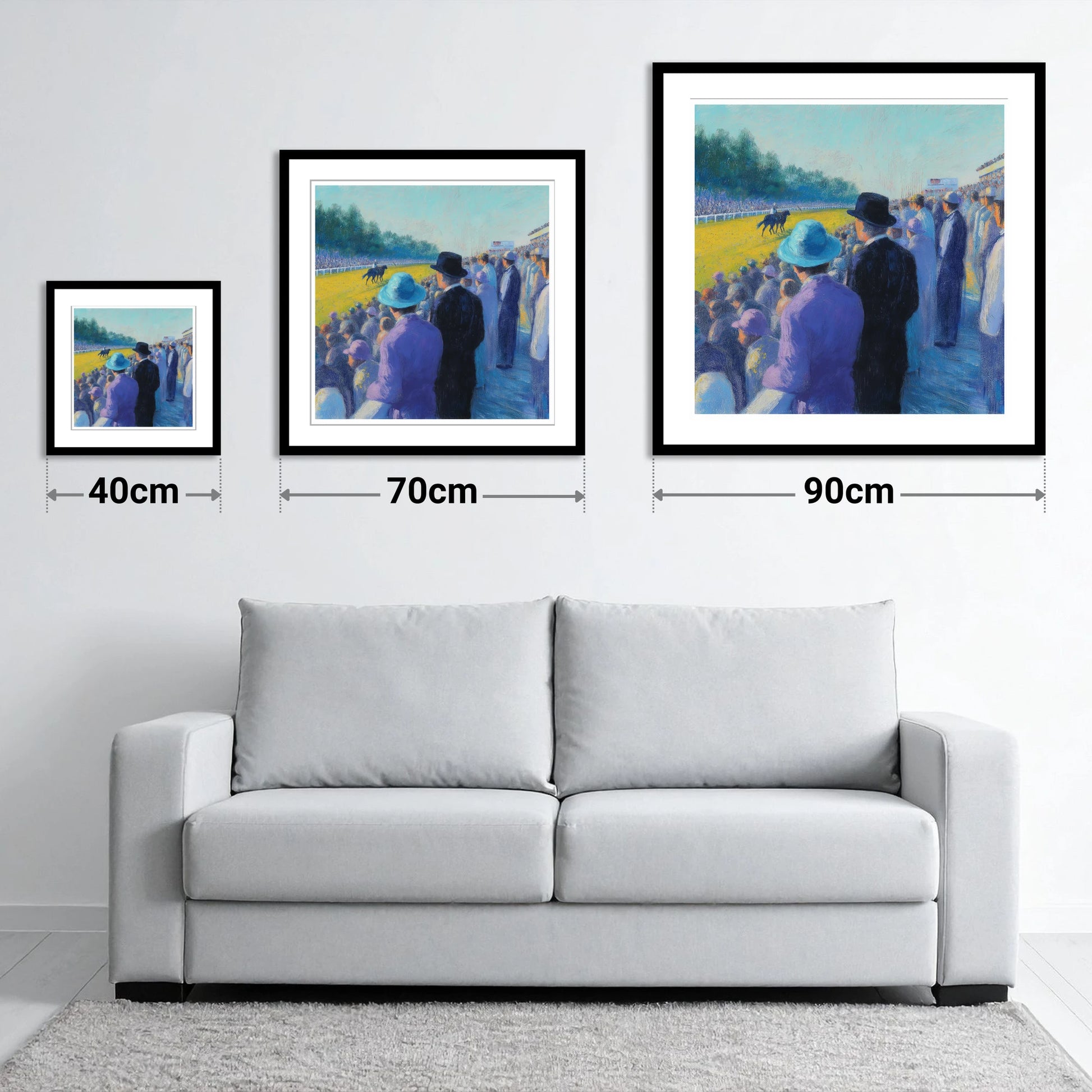 Shadows on the Turf - size guide showing 40cm, 70cm and 90cm art prints
