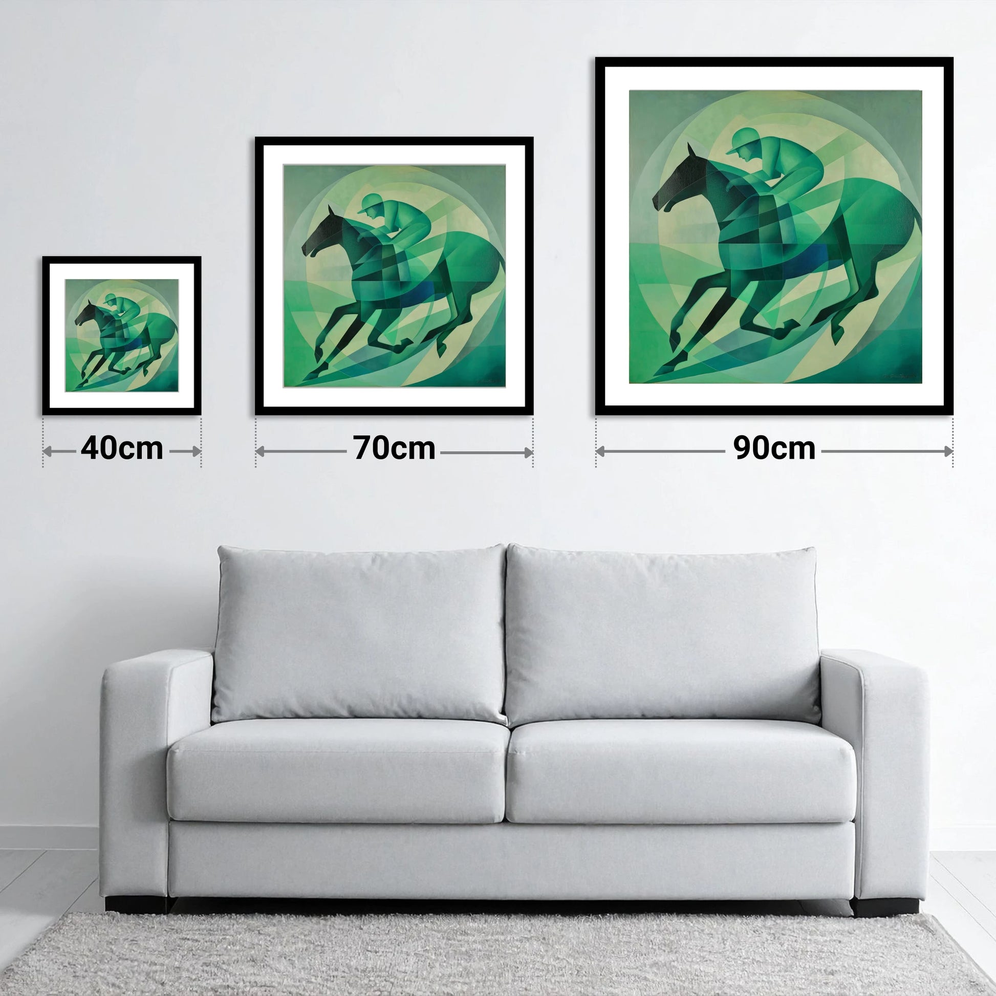 Emerald Rhythm - size guide showing 40cm, 70cm and 90cm art prints