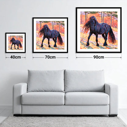 Vibrant Friesian in Sunset Woodland - size guide showing 40cm, 70cm and 90cm art prints