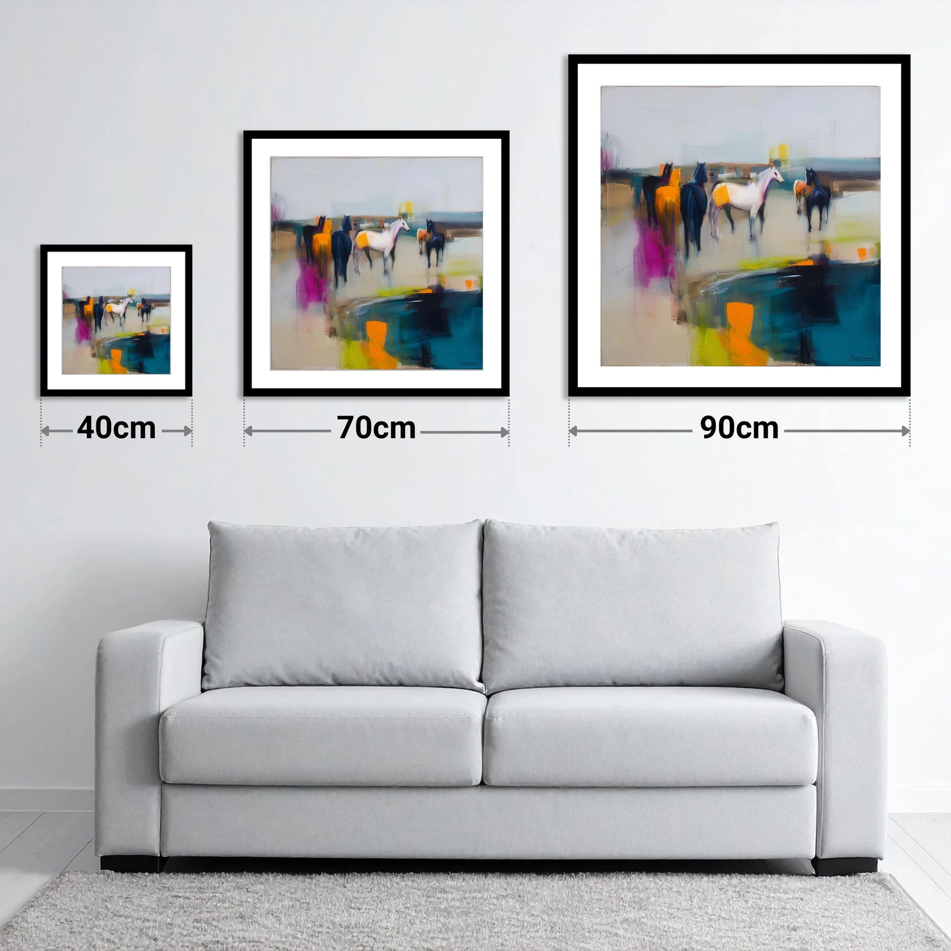 Vivid Horizon Herd - size guide showing 40cm, 70cm and 90cm art prints