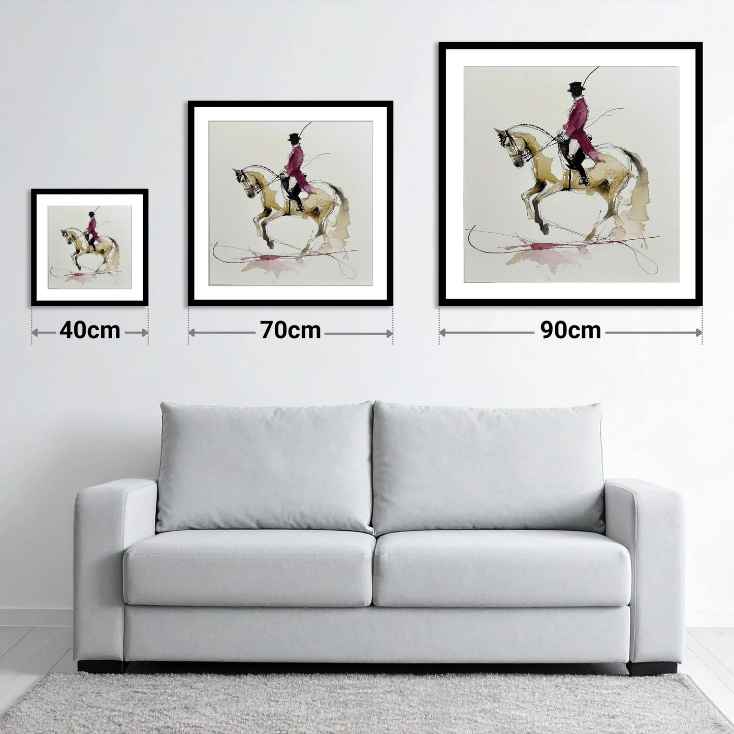 Poise and Passage - size guide showing 40cm, 70cm and 90cm art prints