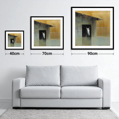 The Quiet Observer - size guide showing 40cm, 70cm and 90cm art prints