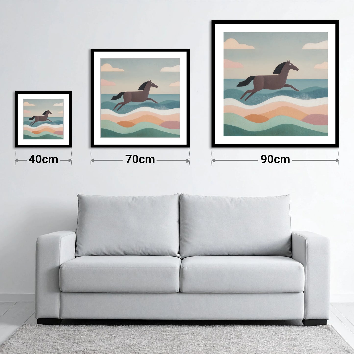 Rhythmic Coastal Canter - size guide showing 40cm, 70cm and 90cm art prints
