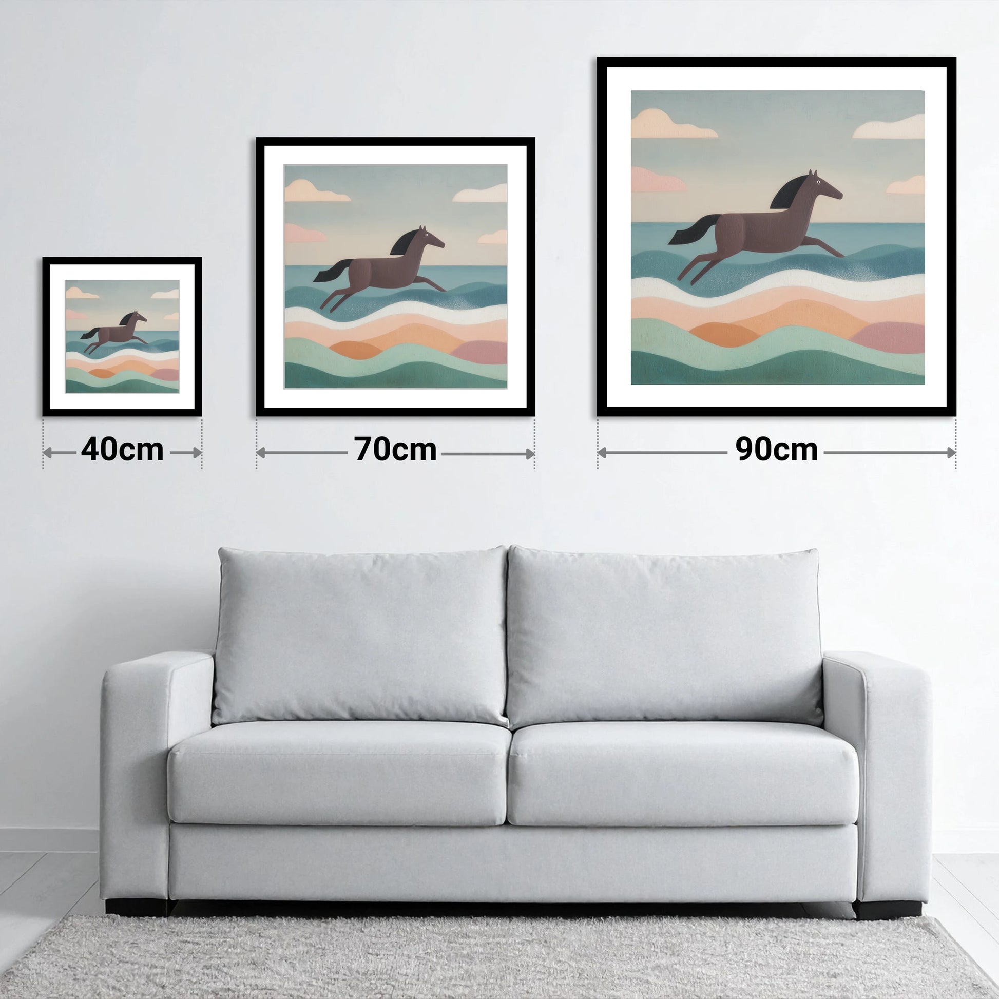 Rhythmic Coastal Canter - size guide showing 40cm, 70cm and 90cm art prints