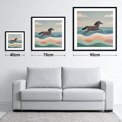 Rhythmic Coastal Canter - size guide showing 40cm, 70cm and 90cm art prints