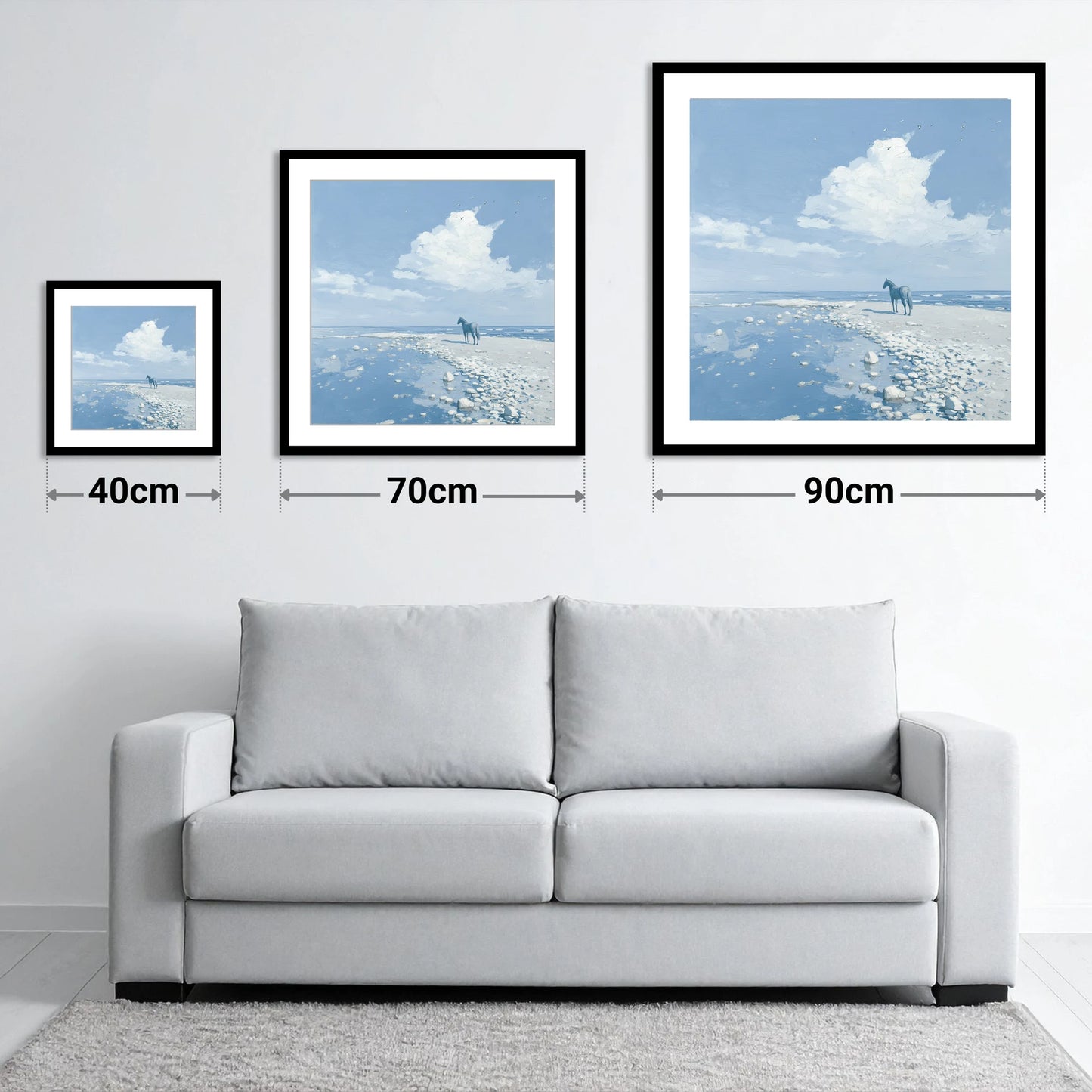 Solitude on the Shore - size guide showing 40cm, 70cm and 90cm art prints