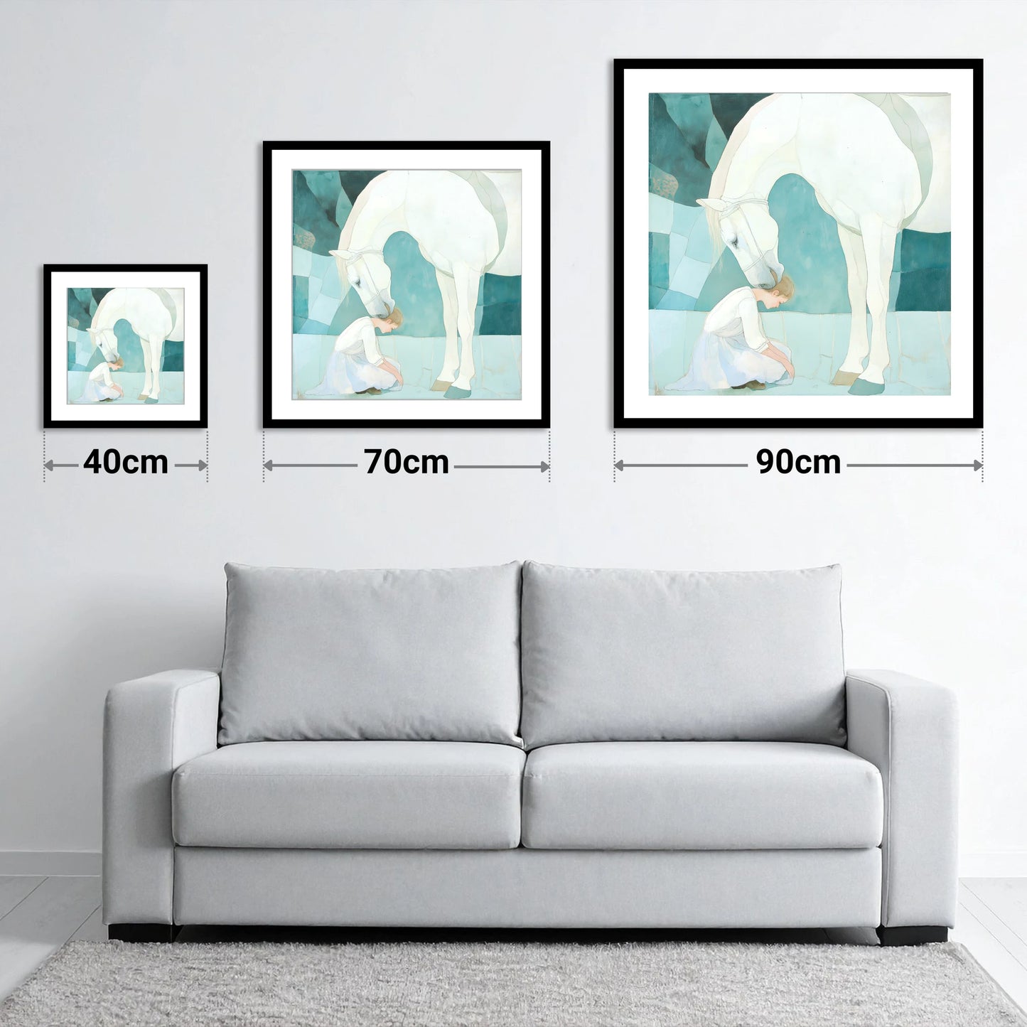 The Gentle Guardian - size guide showing 40cm, 70cm and 90cm art prints