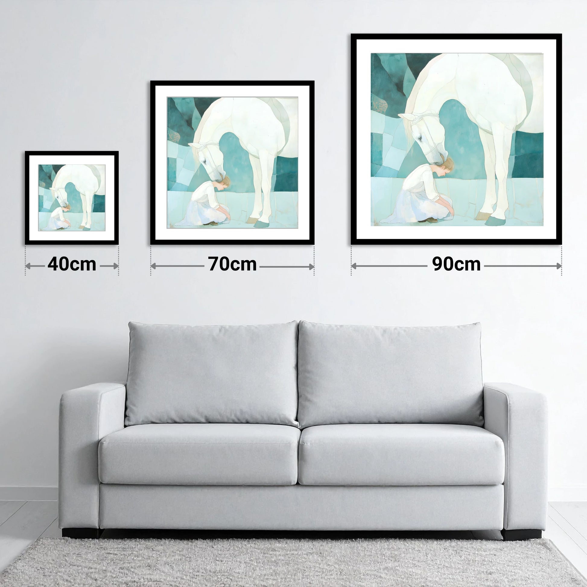 The Gentle Guardian - size guide showing 40cm, 70cm and 90cm art prints