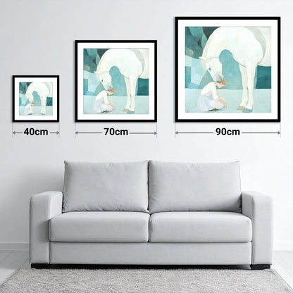 The Gentle Guardian - size guide showing 40cm, 70cm and 90cm art prints