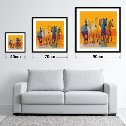 The Vibrant Herd - size guide showing 40cm, 70cm and 90cm art prints
