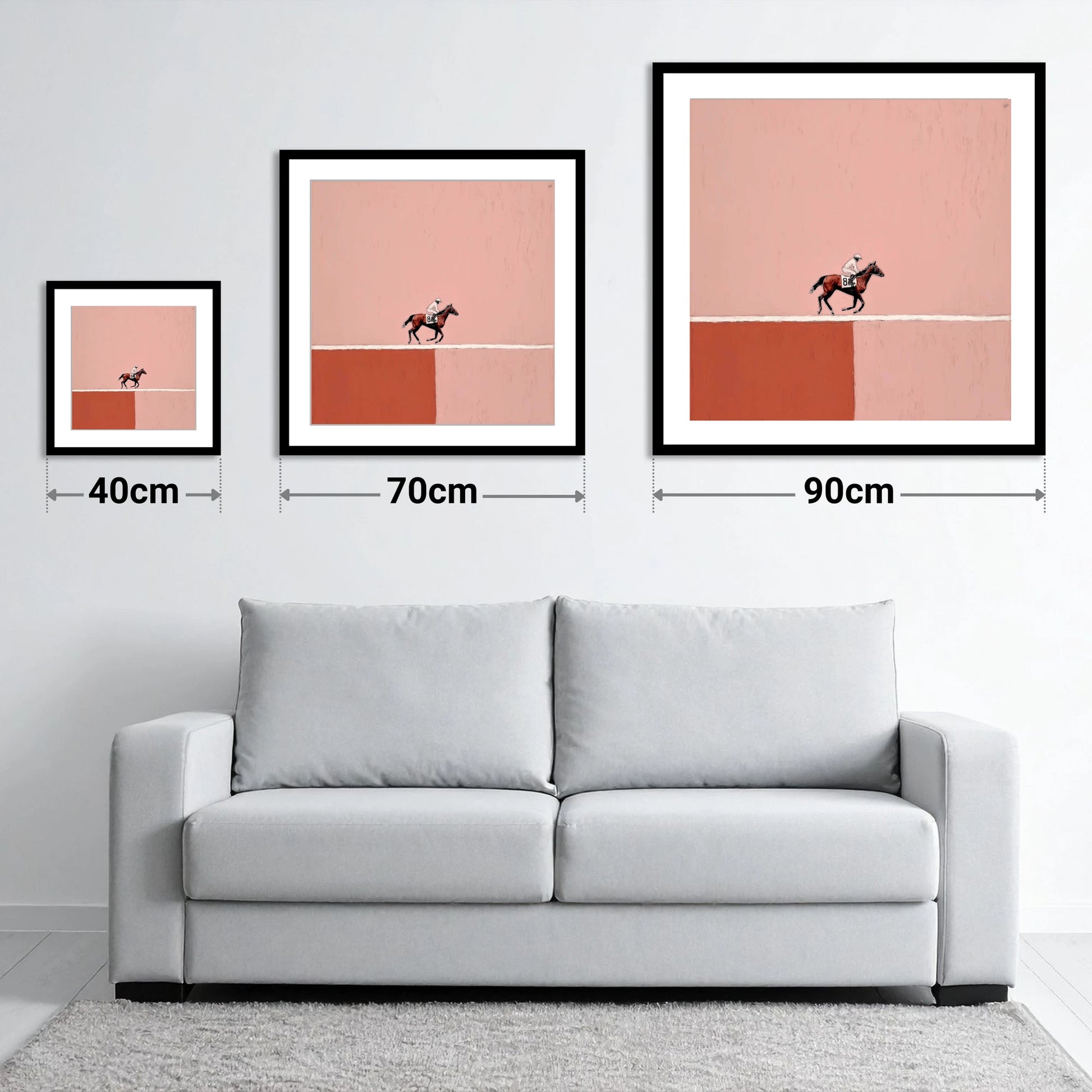 Dusty Rose Gallop - size guide showing 40cm, 70cm and 90cm art prints