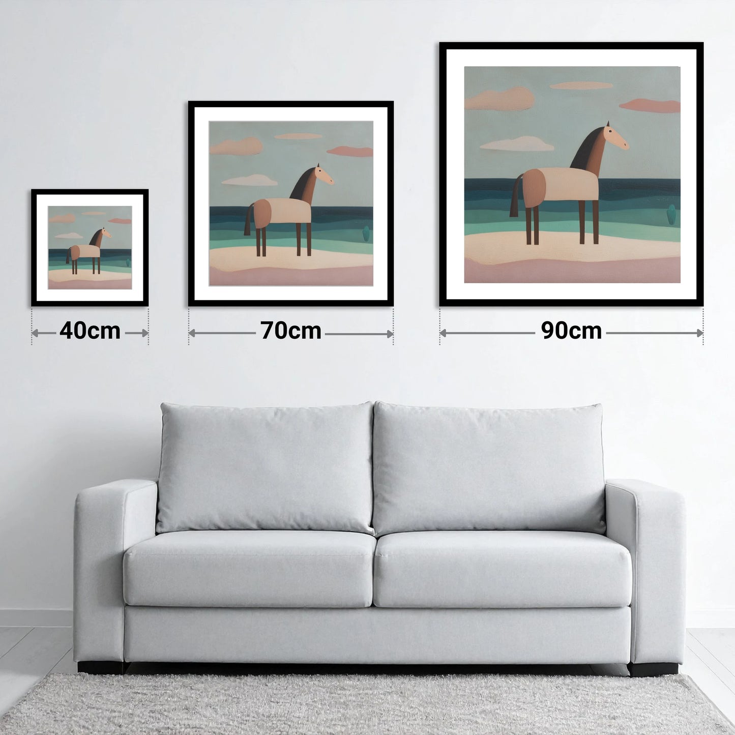 Tranquil Coastal Horizons - size guide showing 40cm, 70cm and 90cm art prints
