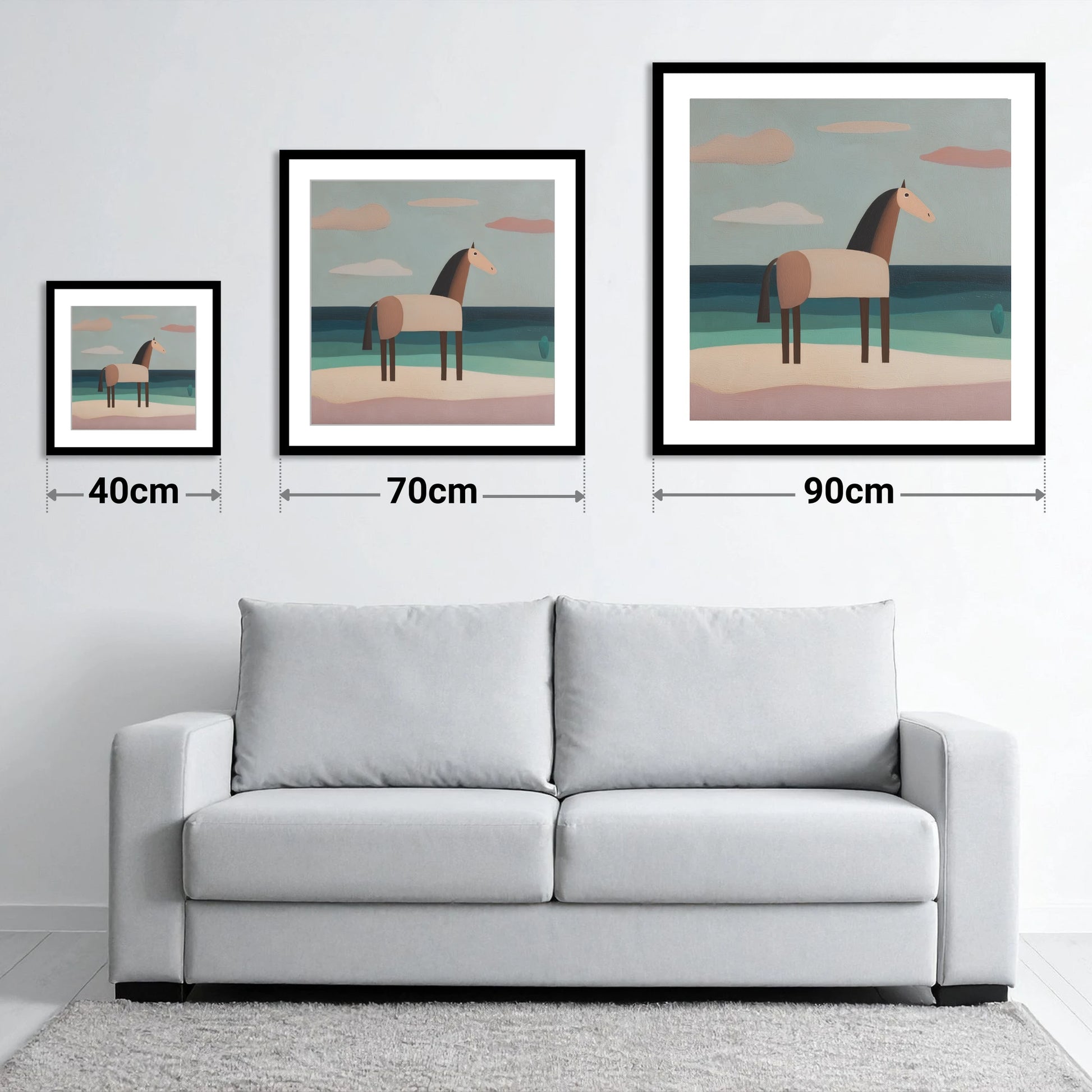 Tranquil Coastal Horizons - size guide showing 40cm, 70cm and 90cm art prints