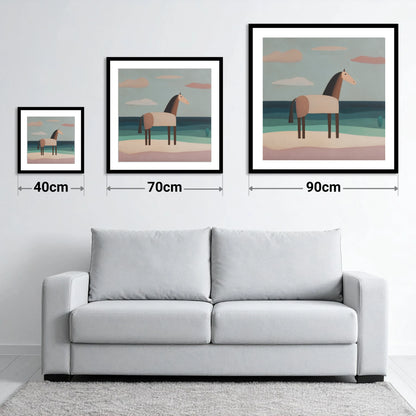 Tranquil Coastal Horizons - size guide showing 40cm, 70cm and 90cm art prints