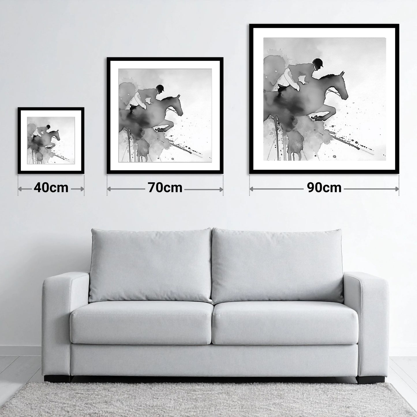 Ethereal Flight - size guide showing 40cm, 70cm and 90cm art prints