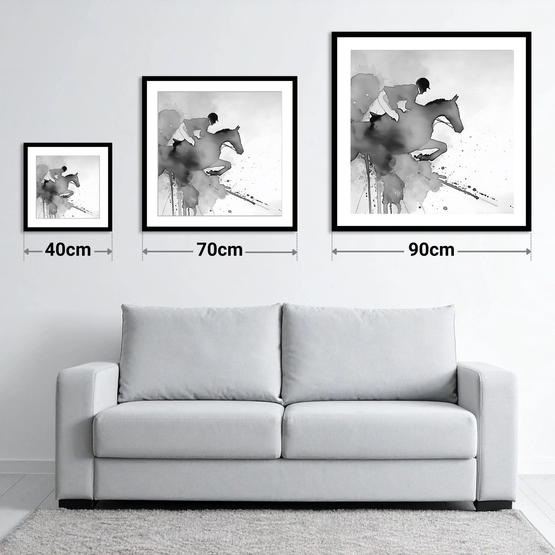 Ethereal Flight - size guide showing 40cm, 70cm and 90cm art prints