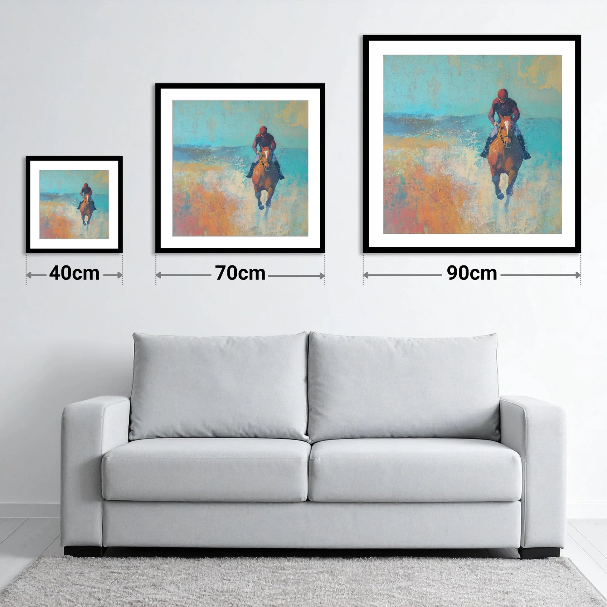The Morning Gallop - size guide showing 40cm, 70cm and 90cm art prints
