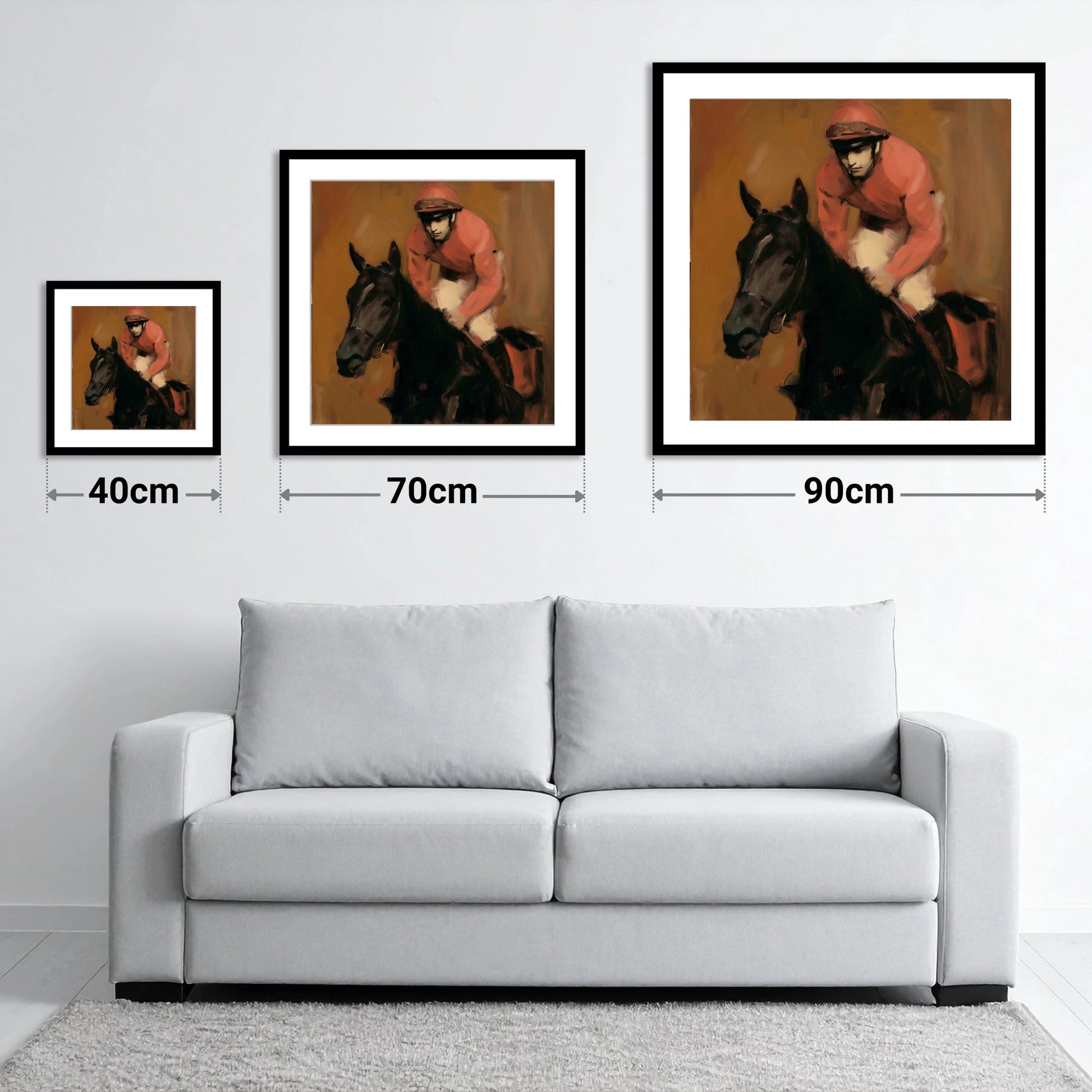 Quiet Anticipation - size guide showing 40cm, 70cm and 90cm art prints
