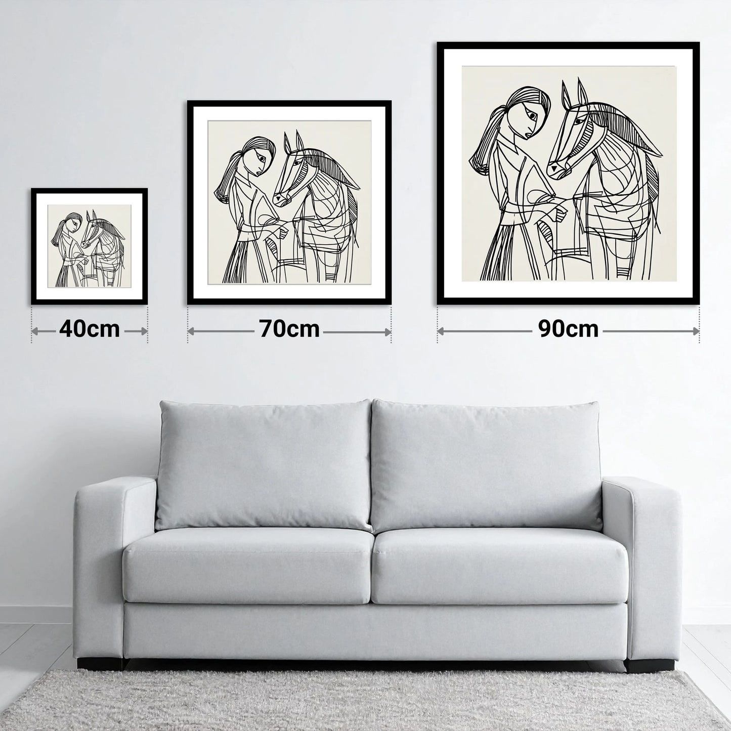 Lines of Connection - size guide showing 40cm, 70cm and 90cm art prints