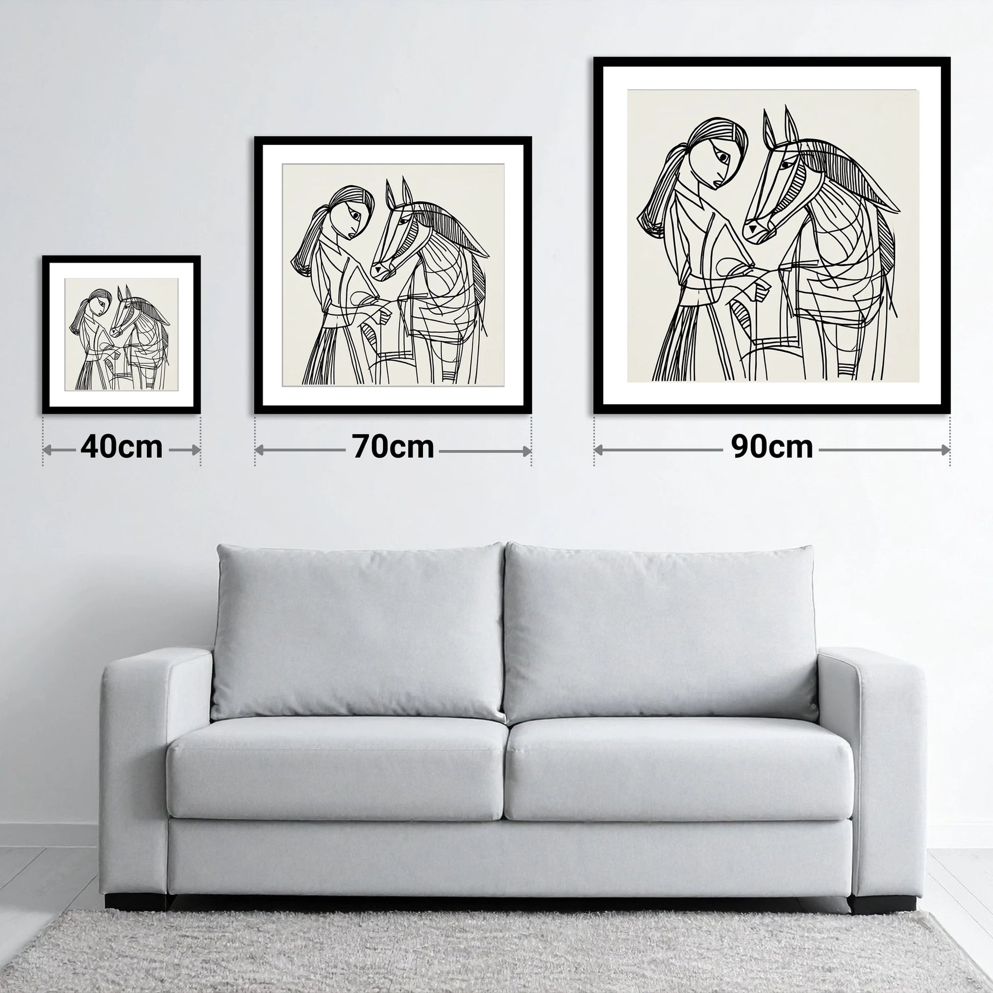 Lines of Connection - size guide showing 40cm, 70cm and 90cm art prints