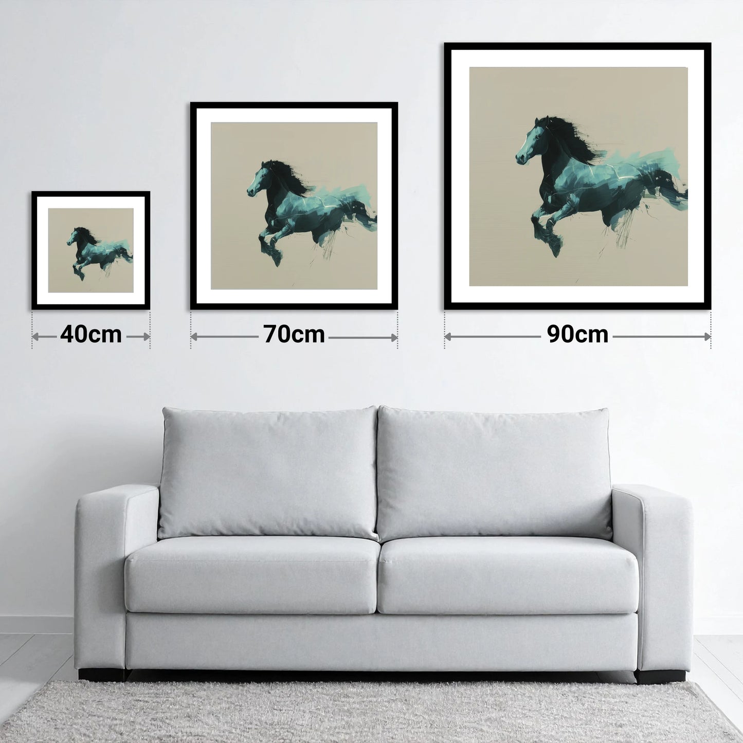 Dynamic Teal Bound - size guide showing 40cm, 70cm and 90cm art prints