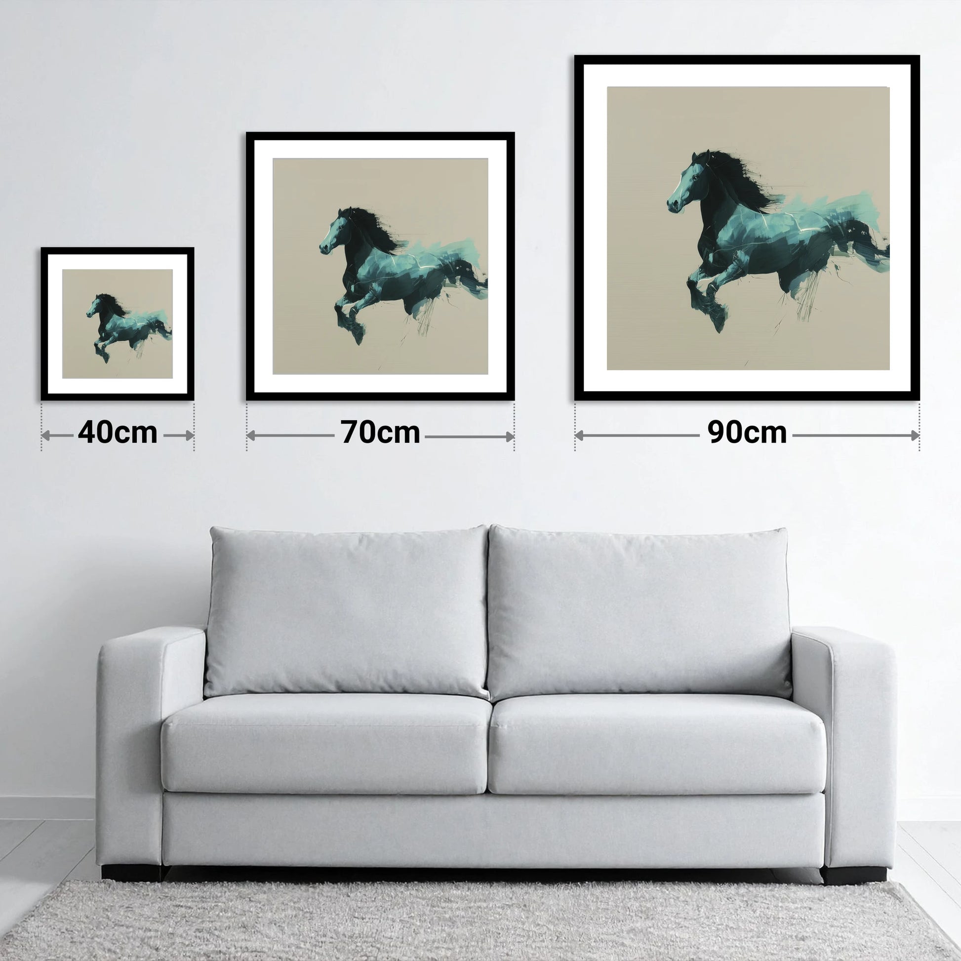 Dynamic Teal Bound - size guide showing 40cm, 70cm and 90cm art prints