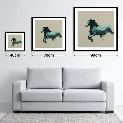 Dynamic Teal Bound - size guide showing 40cm, 70cm and 90cm art prints