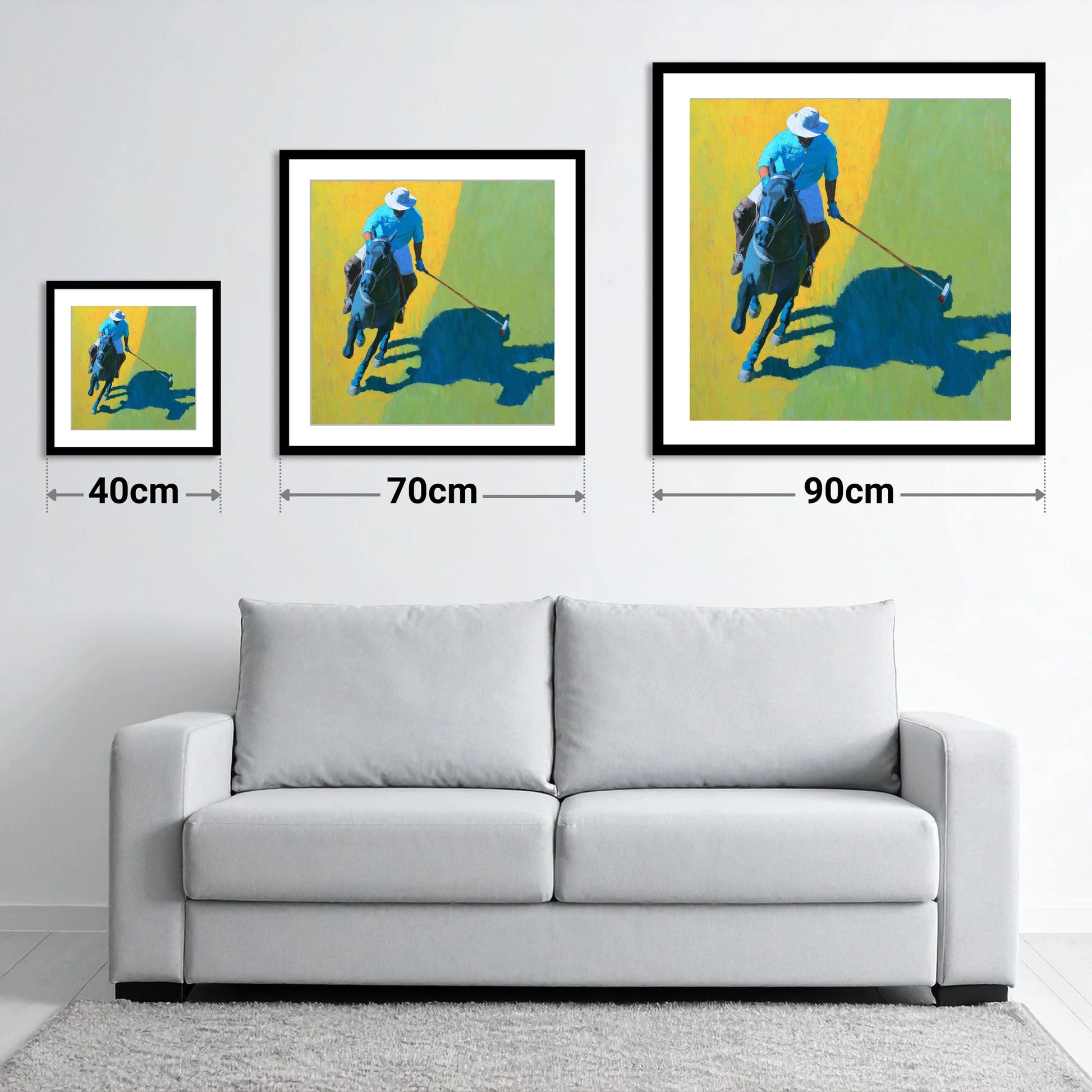 High Goal Sunlight - size guide showing 40cm, 70cm and 90cm art prints