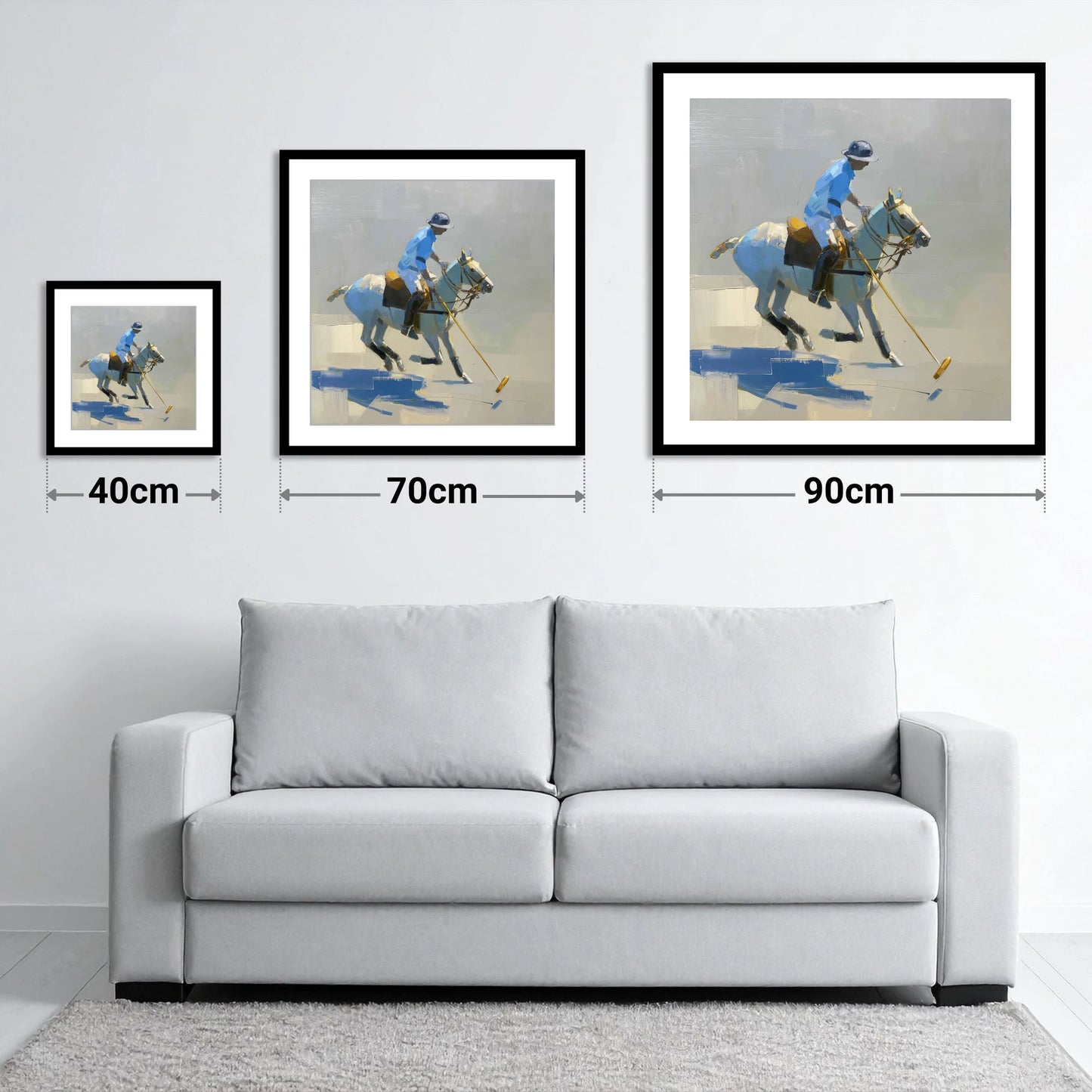 The Blue Chukka - size guide showing 40cm, 70cm and 90cm art prints