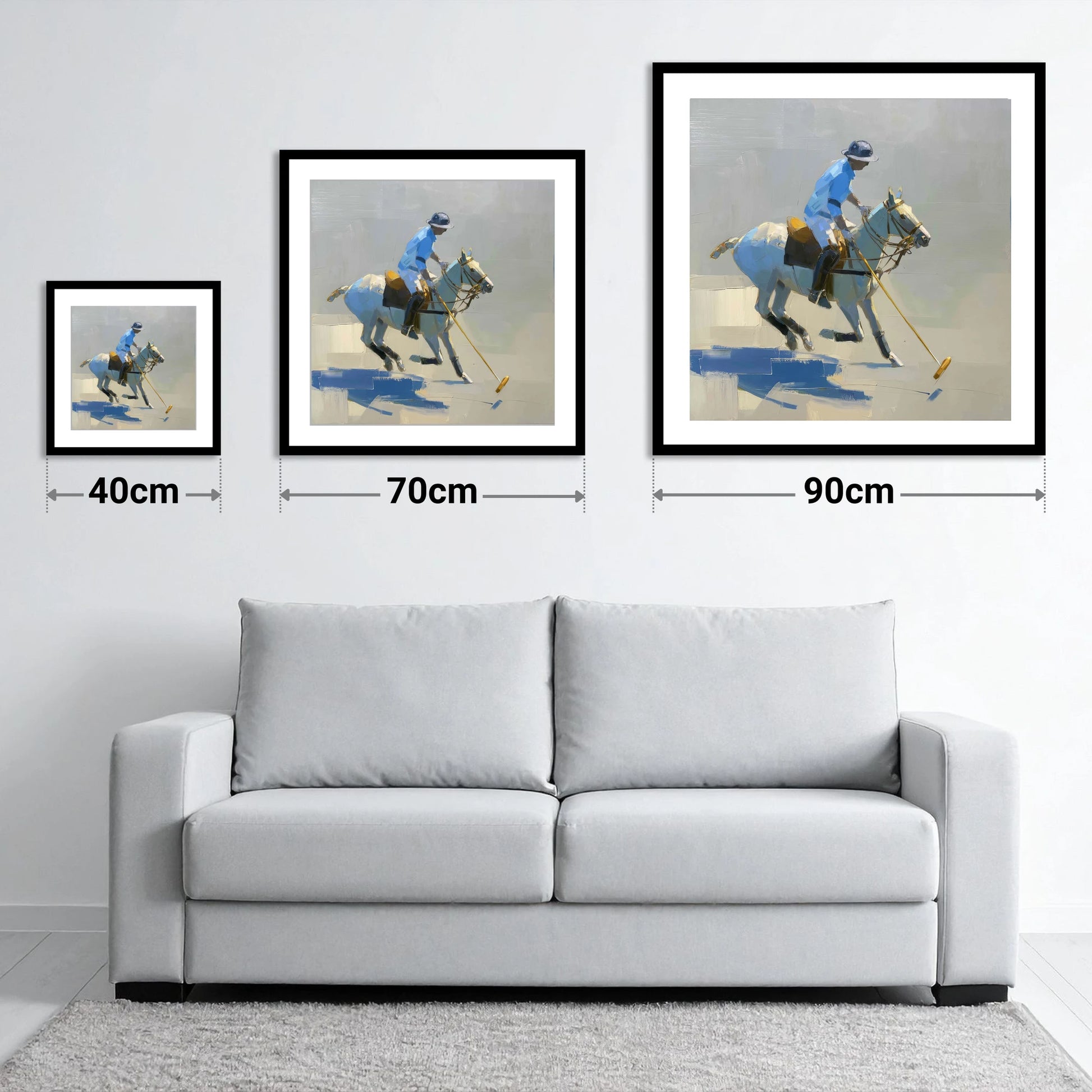 The Blue Chukka - size guide showing 40cm, 70cm and 90cm art prints